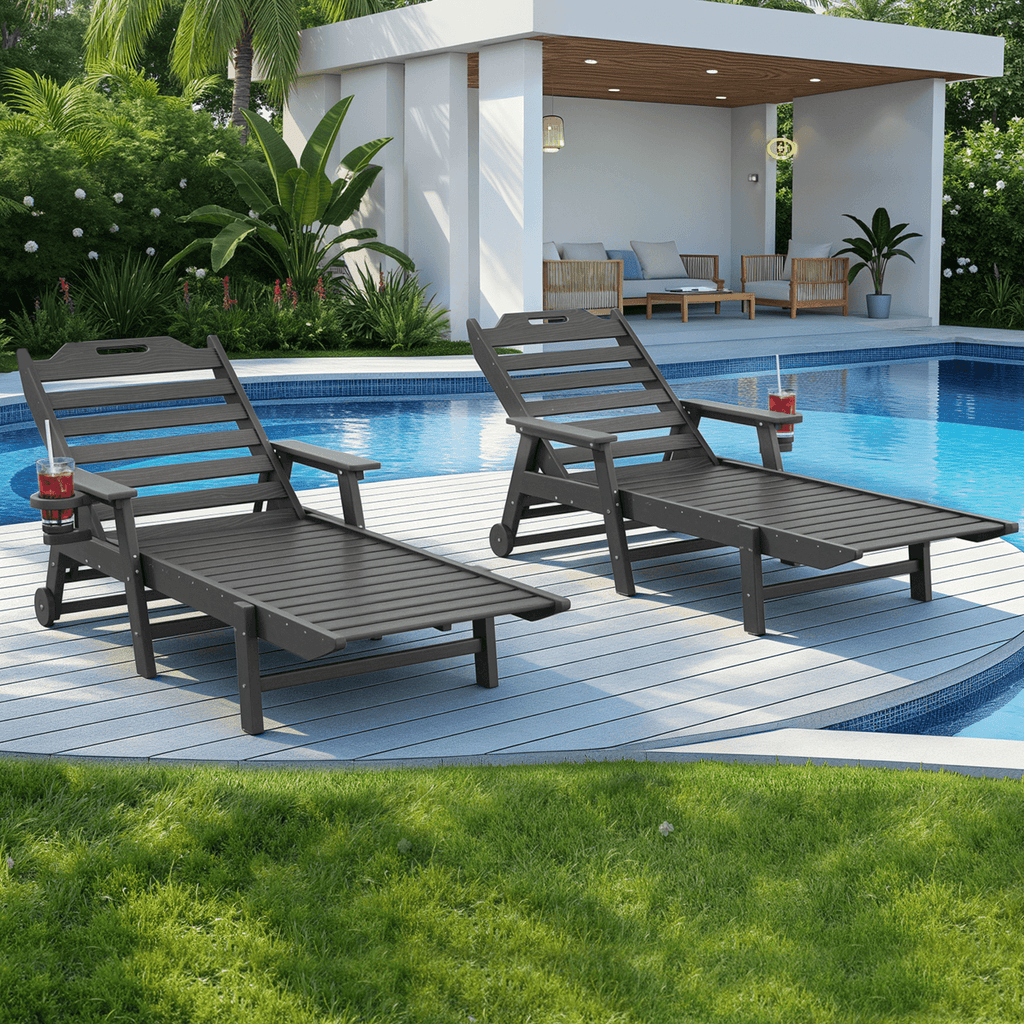 HOMREST 24" W Oversized Chaise Lounge Chairs Set of 2, Adjustable HDPE Outdoor Chairs with Wheels & Cup Holder, Dark Grey