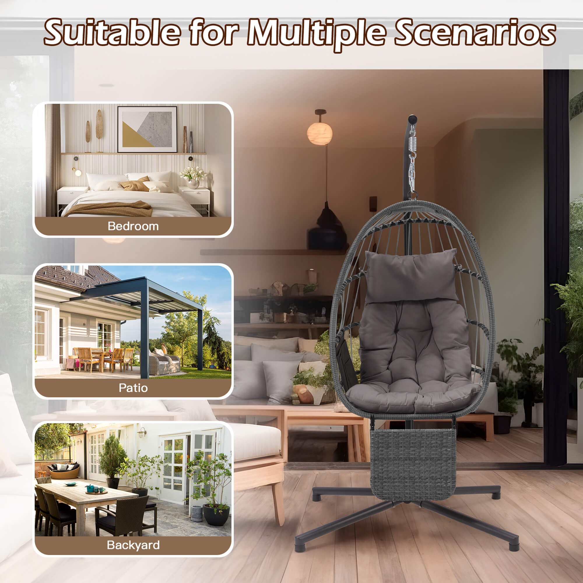 HOMREST Hanging Egg Chair with Stand & Removable Leg Rest, Hammock Chair for Patio, Bedroom, Gray