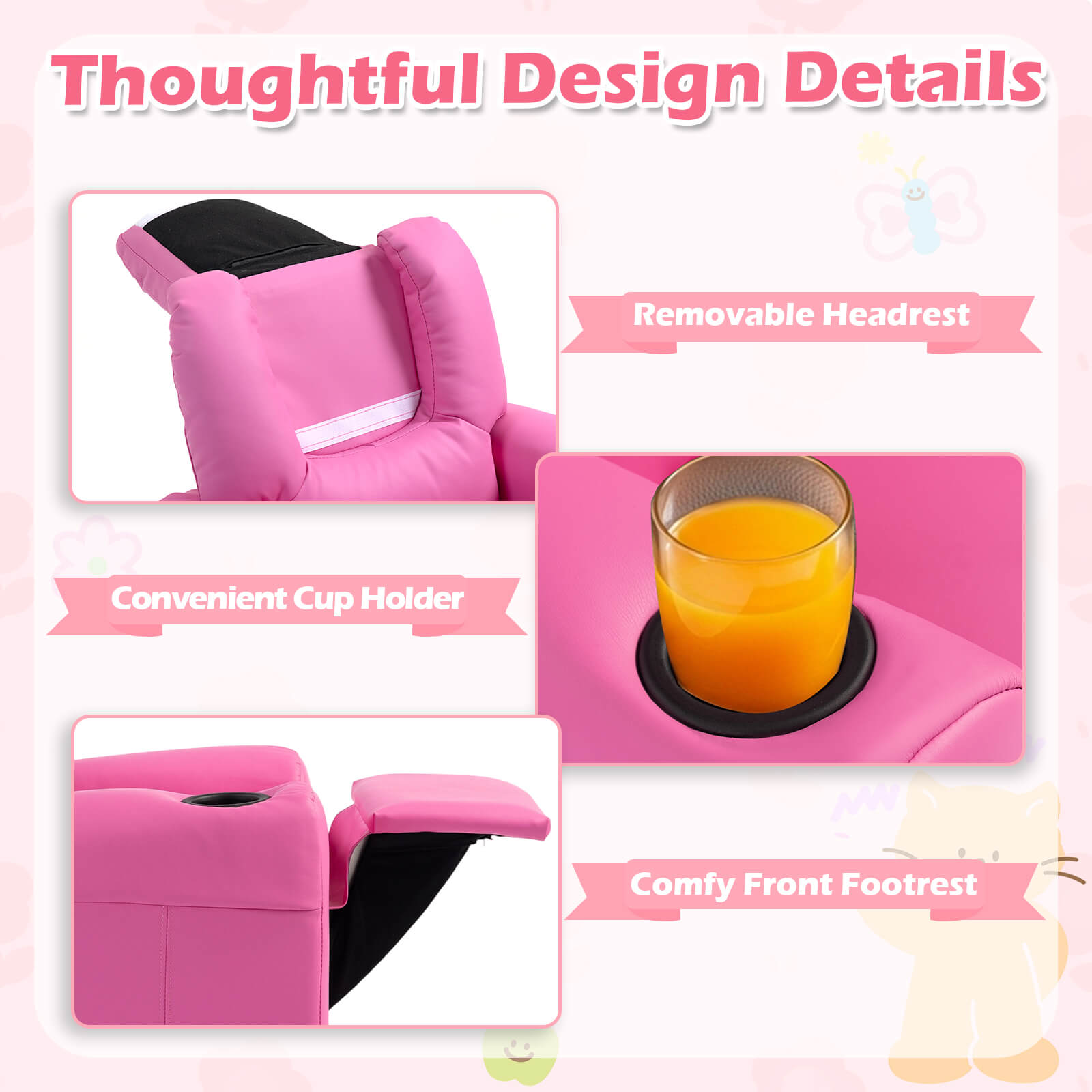 HOMREST Kids Recliner Chair with Cup Holder, Leather Toddler Recliner with Adjustable Backrest, Curved Rocking Legs and Comfy Armrests, Pink