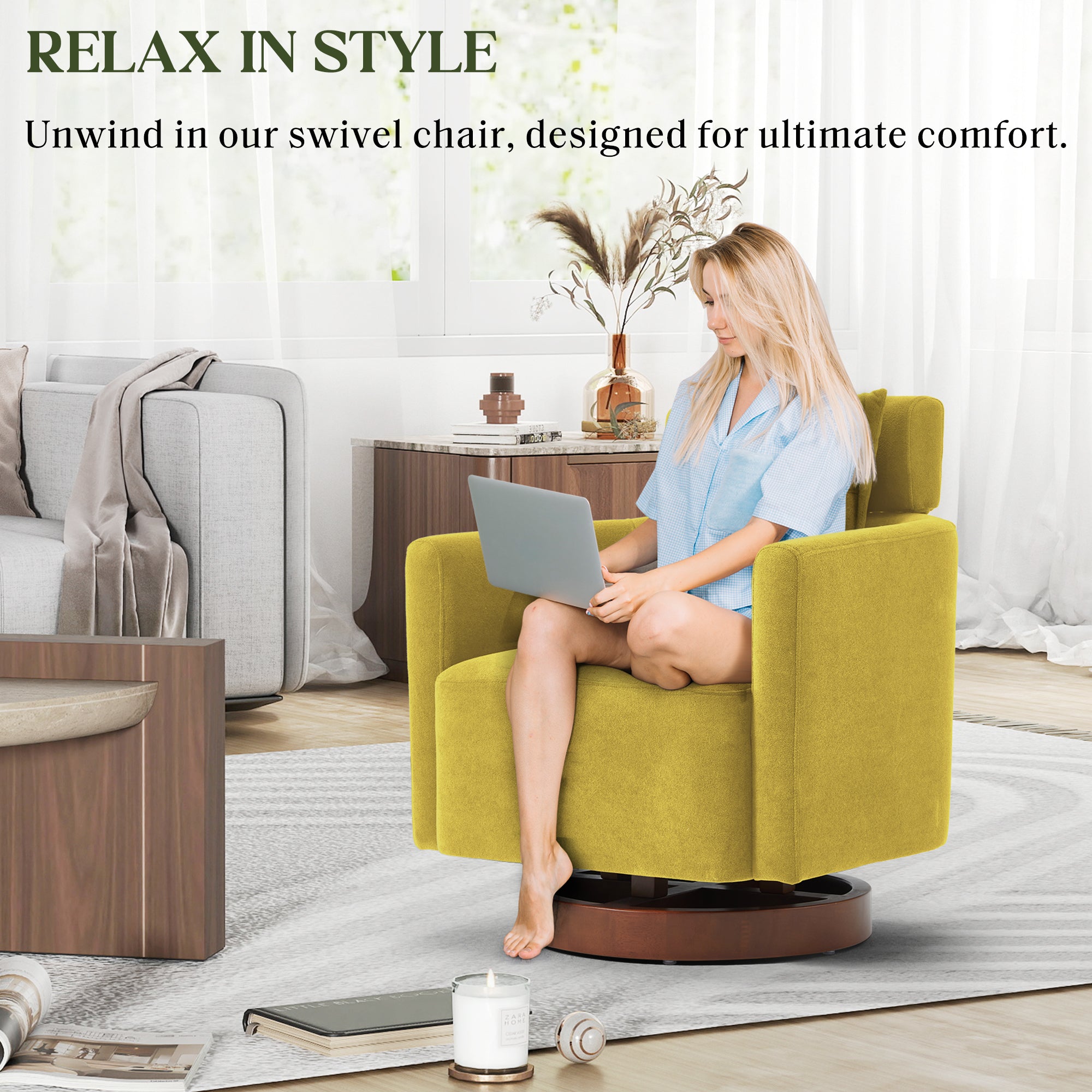 HOMREST Swivel Accent Chair, Armchair Barrel Chair with Adjustable Headrest Swivel Chair for Living Room Bedroom, with 360° Rotation and Thick Cushion, Mustard Yellow