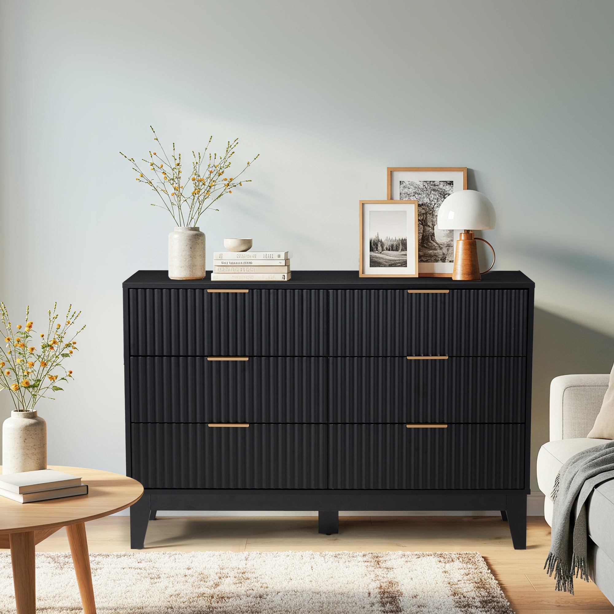 HOMREST Fluted Dresser for Bedroom, 6 Drawer Modern Dresser, Wide Modern Chest of Drawers with Metal Handle, Mid Century Modern Dresser, Black