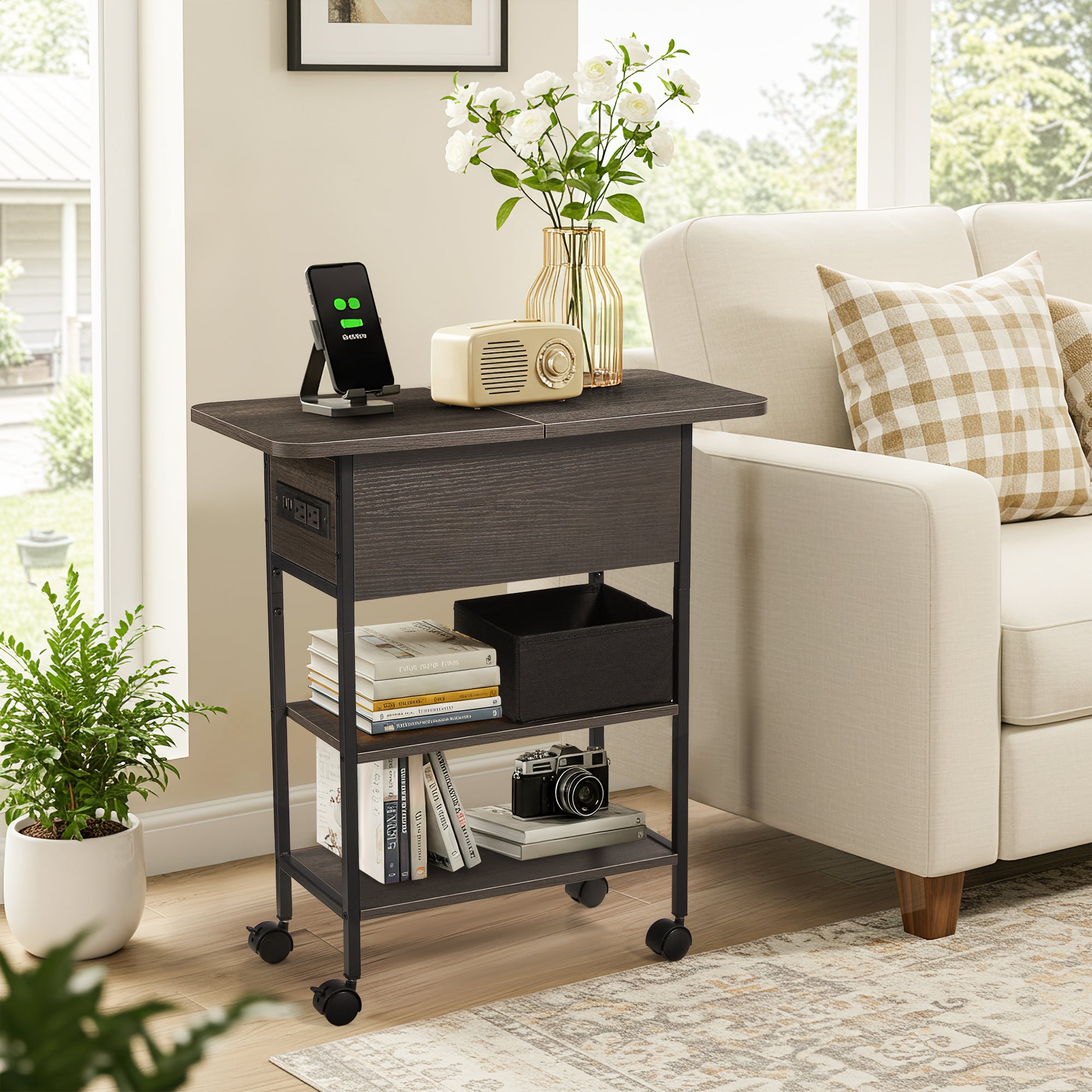 HOMREST Multi-Functional Flip Side Table, 360° Swivel Wheels & Storage Shelf for Living Room/Bedroom, Rustic Brown Wood End Table, Gray