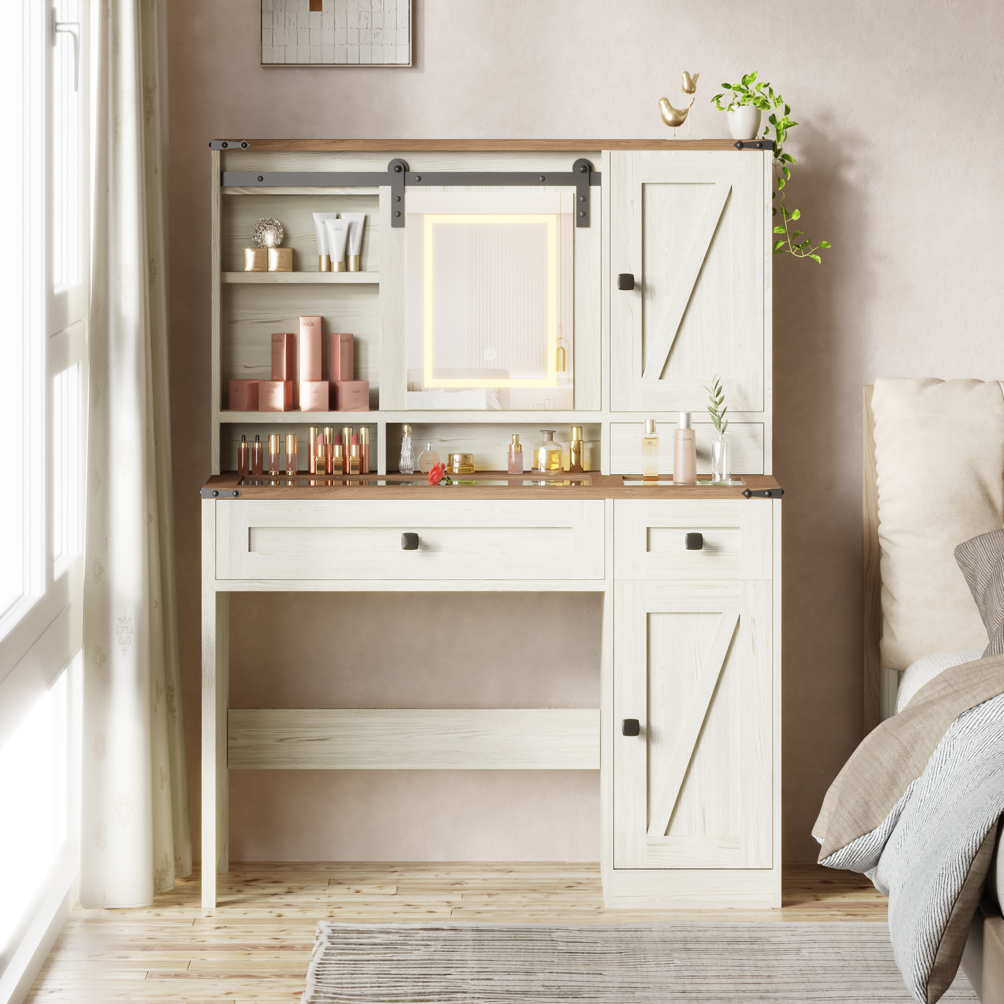 HOMREST  Farmhouse Vanity Desk with Mirror, Lights and Jewelry Storage, Rustic Farmhouse Style