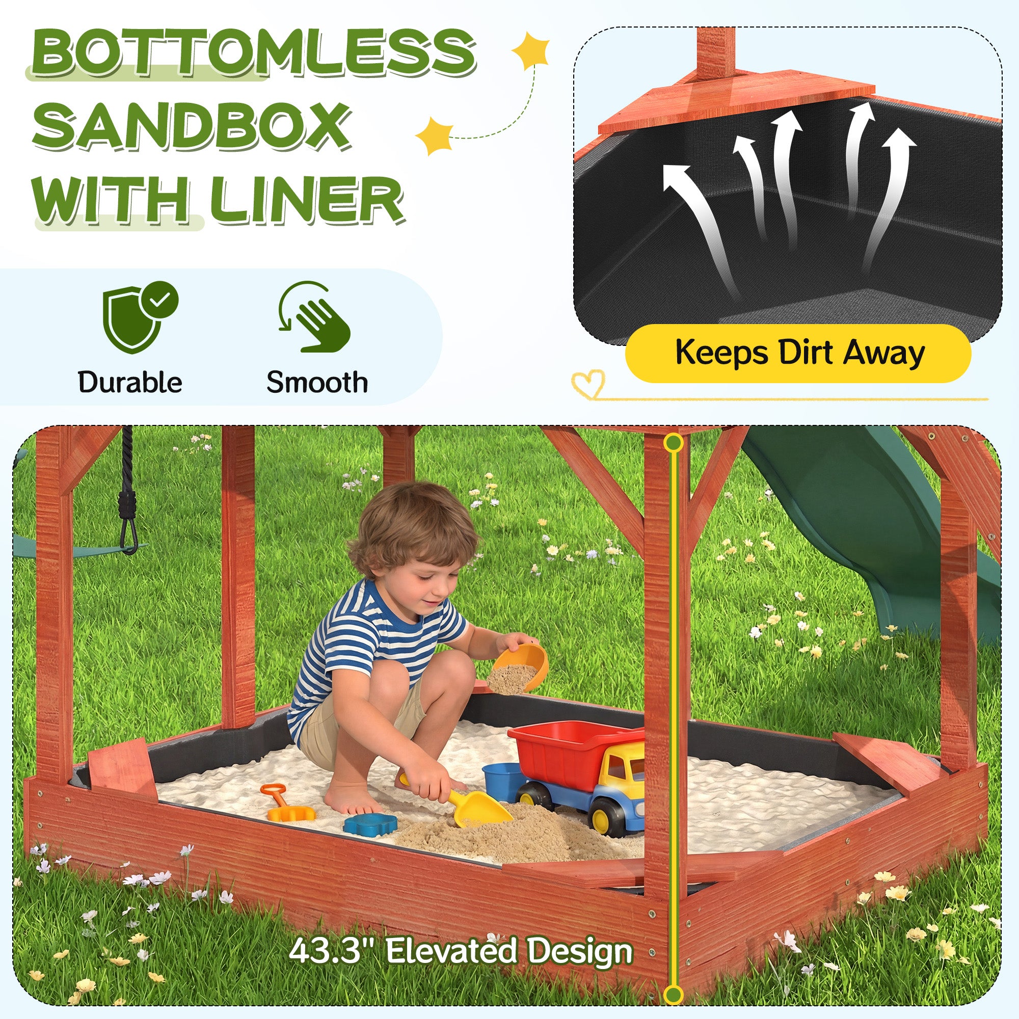 HOMREST Kids Outdoor Wooden Swing Set with Elevated Playhouse, Wave Slide, Belt Swings and Sandbox