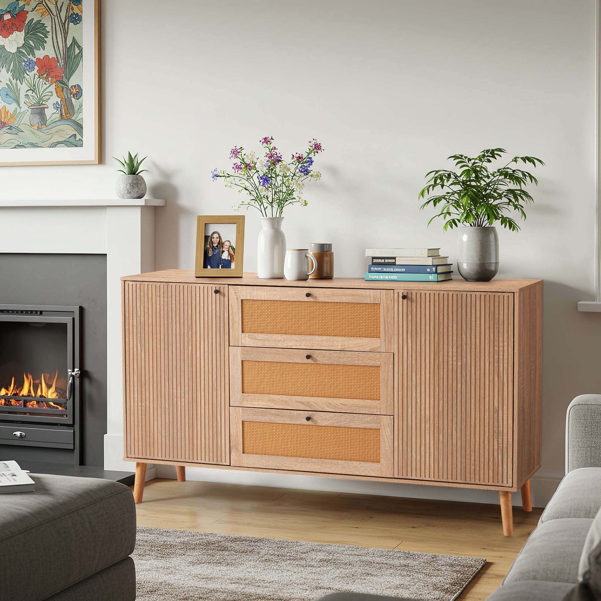 HOMREST Solid Wood Sideboard Buffet Cabinet, Mid-Century Credenza for Living Room, Entryway, Light wood
