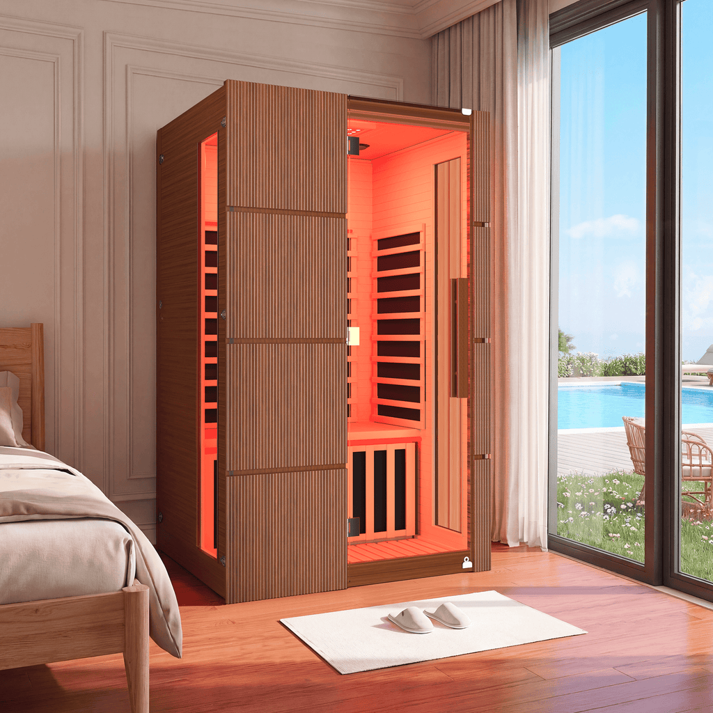HOMREST 2-Person Indoor Infrared Sauna for Home, Far Infrared Sauna with Red Light Therapy, Chromotherapy Lighting, 6 Carbon Heaters & Bluetooth Speaker, Walnut