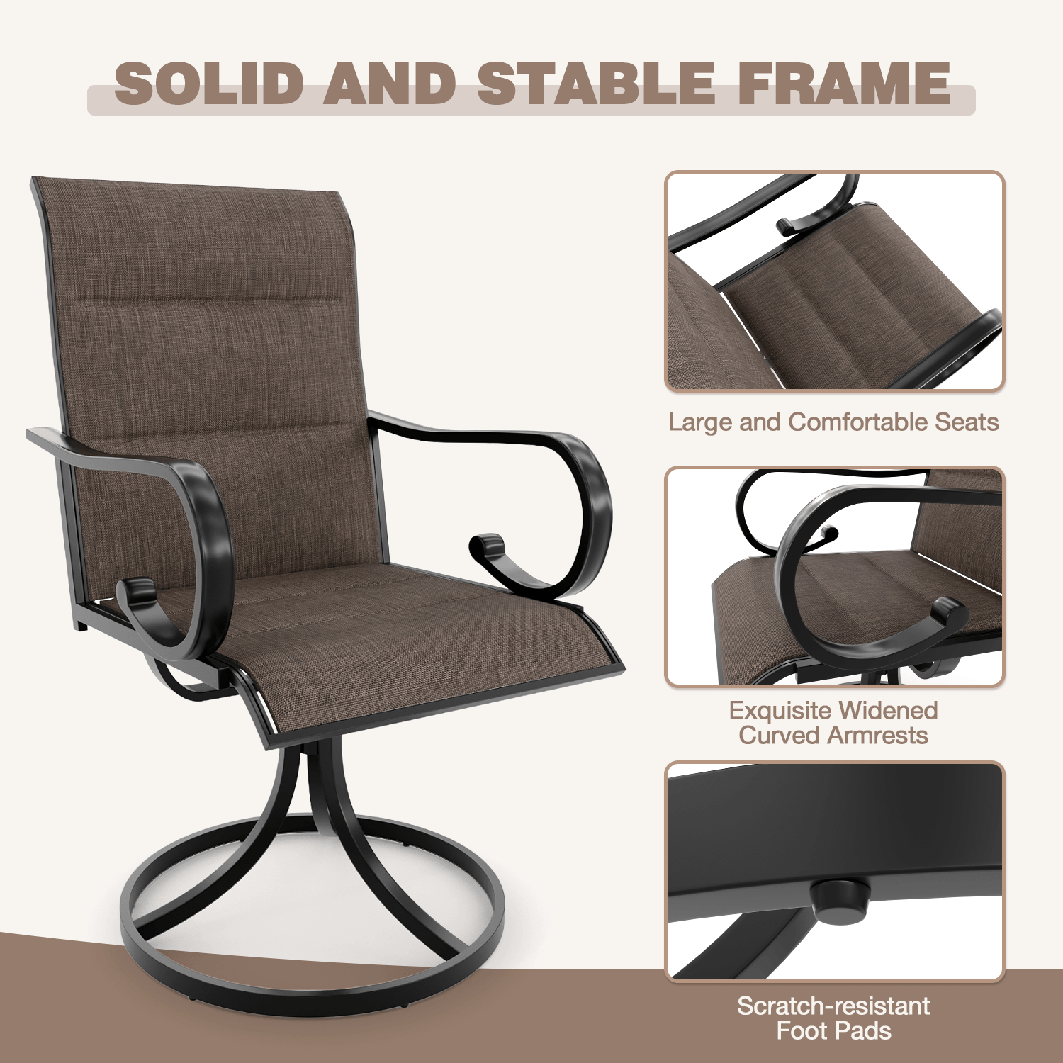 HOMREST Swivel Outdoor Chairs Set of 8, High Back Padded Textilene Patio Dining Chairs with Metal Frame, Brown