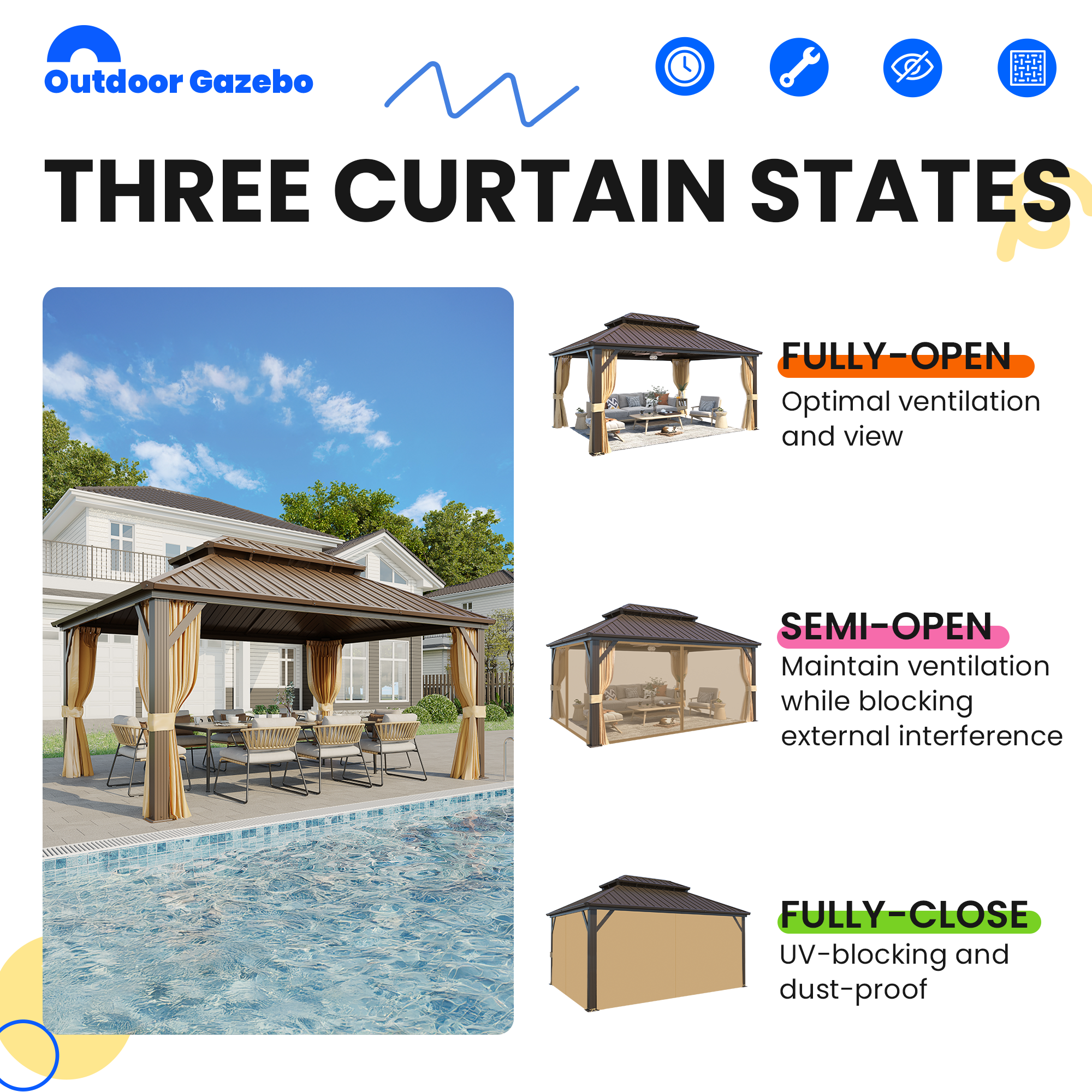 Homrest 12' x 16' Hardtop Gazebo, Aluminum Frame Gazebos with Galvanized Steel Double Roof