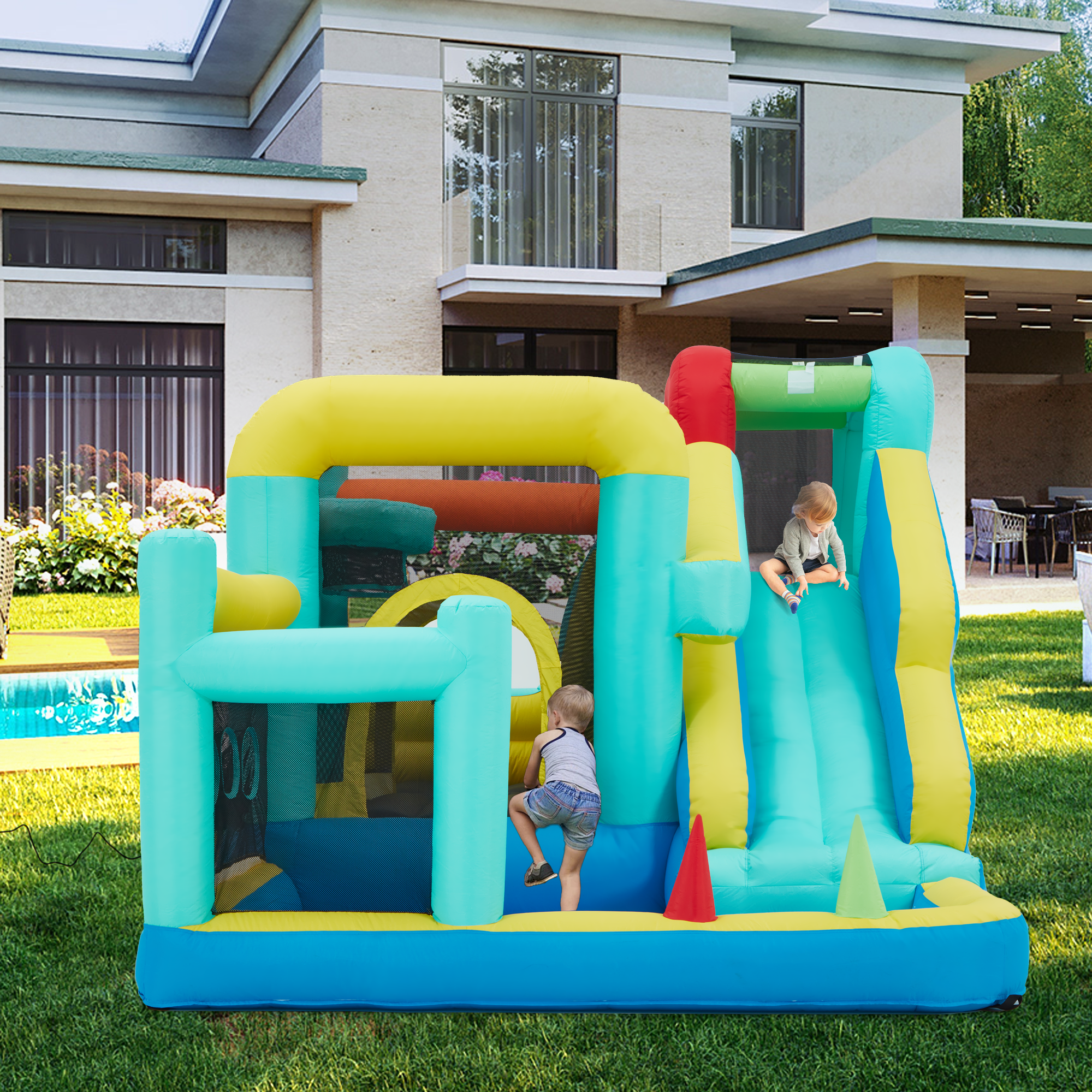 Homrest Inflatable Trampoline Bouncy House with Blower, Jumping Castle with Water Slides for Kids Backyard,  Heavy Duty 840D Oxford Cloth Water Slide Outdoor Sports Dartboard Game for Kids 3-6