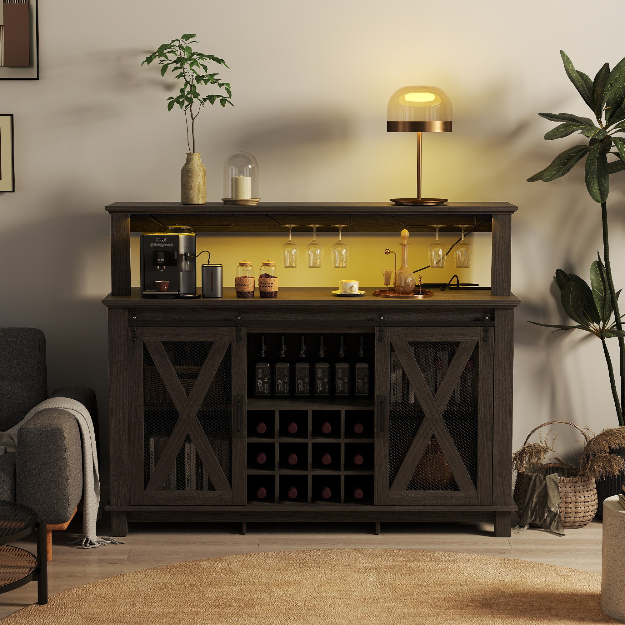 HOMREST 55" Farmhouse Bar Cabinet, Wine Coffee Bar Cabinet With Led Lights And Sliding Barn Door, Home Bar With Wine Racks And Glass Holder,  Black