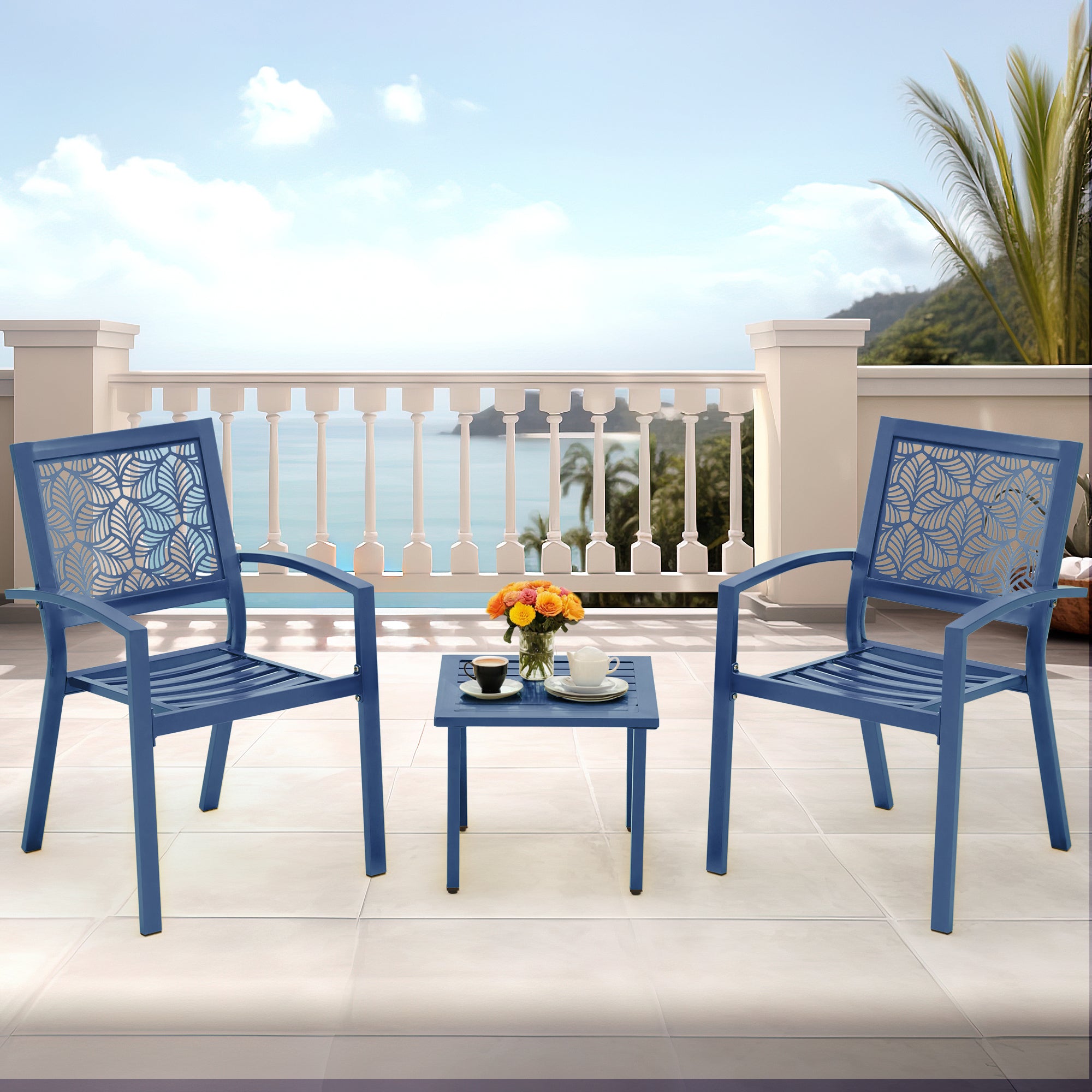 HOMREST 3-Piece Outdoor Bistro Set – Metal Chairs & Table, Floral Back Design, Peacock Blue