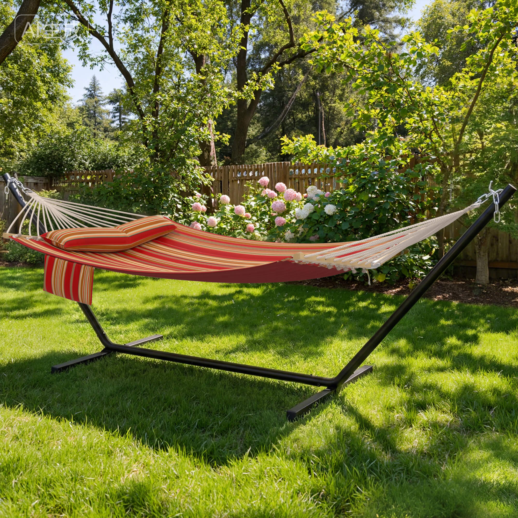 HOMREST Modern Rope Hammock with Stand, Portable Outdoor Hammock for Backyard, Beach & Camping, Red Stripes