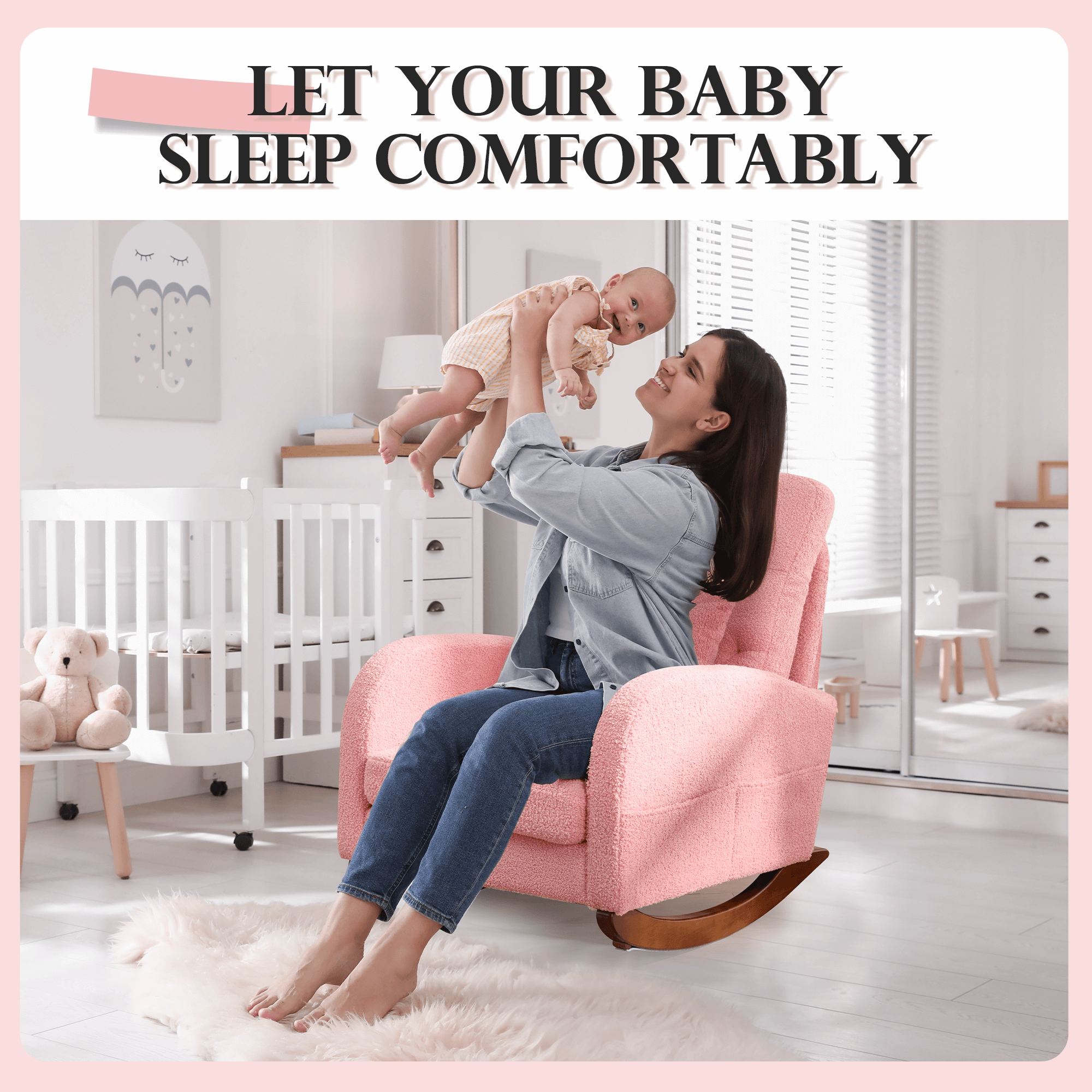 Homrest Teddy Fleece Low Seat Rocking Chair with Blanket & Lumber Pillow, Nursery Glider Chair with Side Pockets