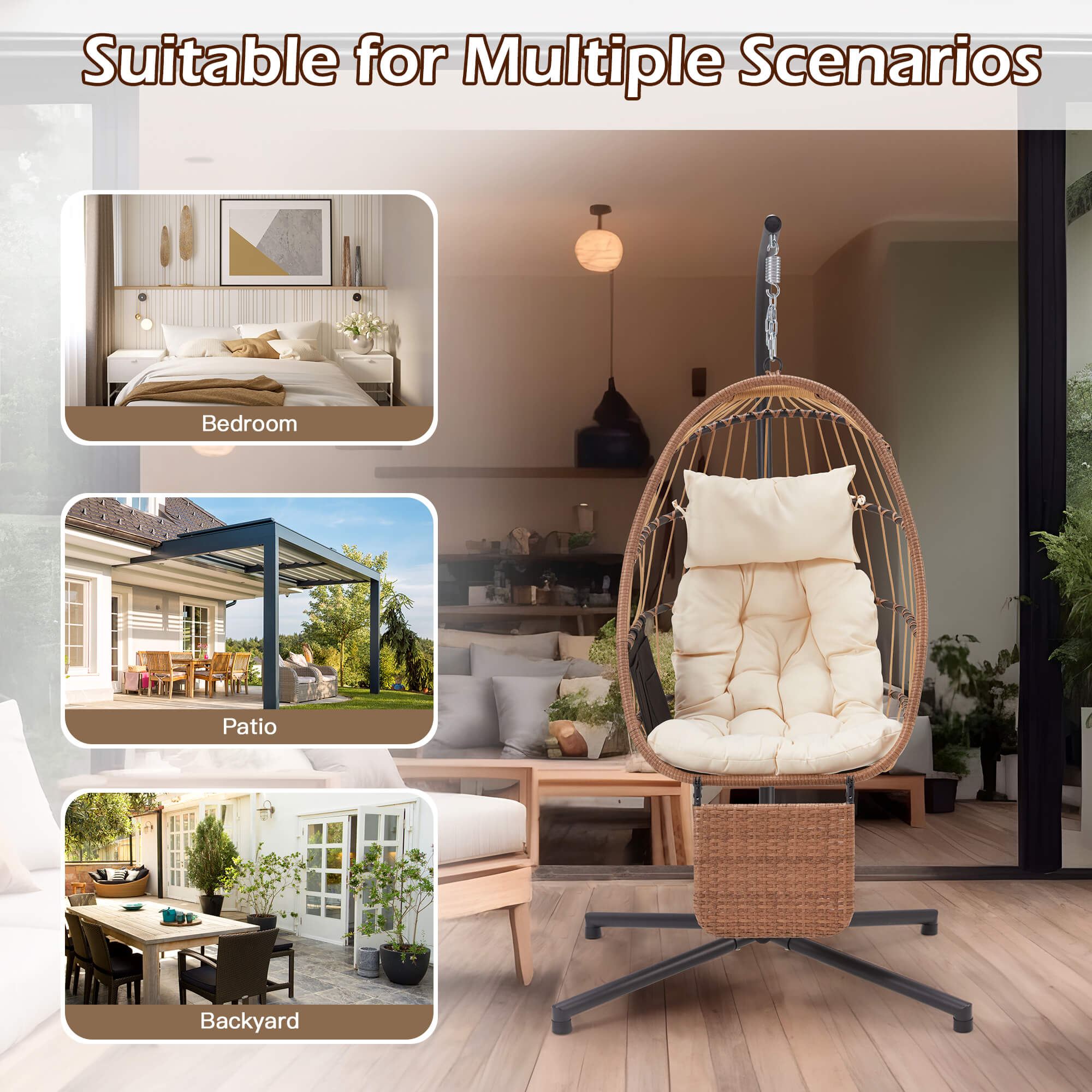 HOMREST Hanging Egg Chair with Stand & Removable Leg Rest, Hammock Chair for Patio, Bedroom, Beige/Natural