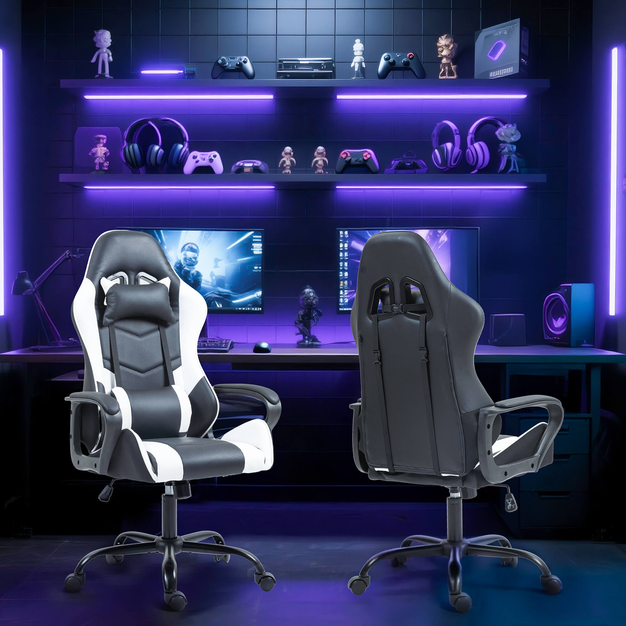 HOMREST Gaming Chair, Ergonomic Computer Gamer Chair with Massage Lumbar Support & Rocking High Back, Height Adjustable, White