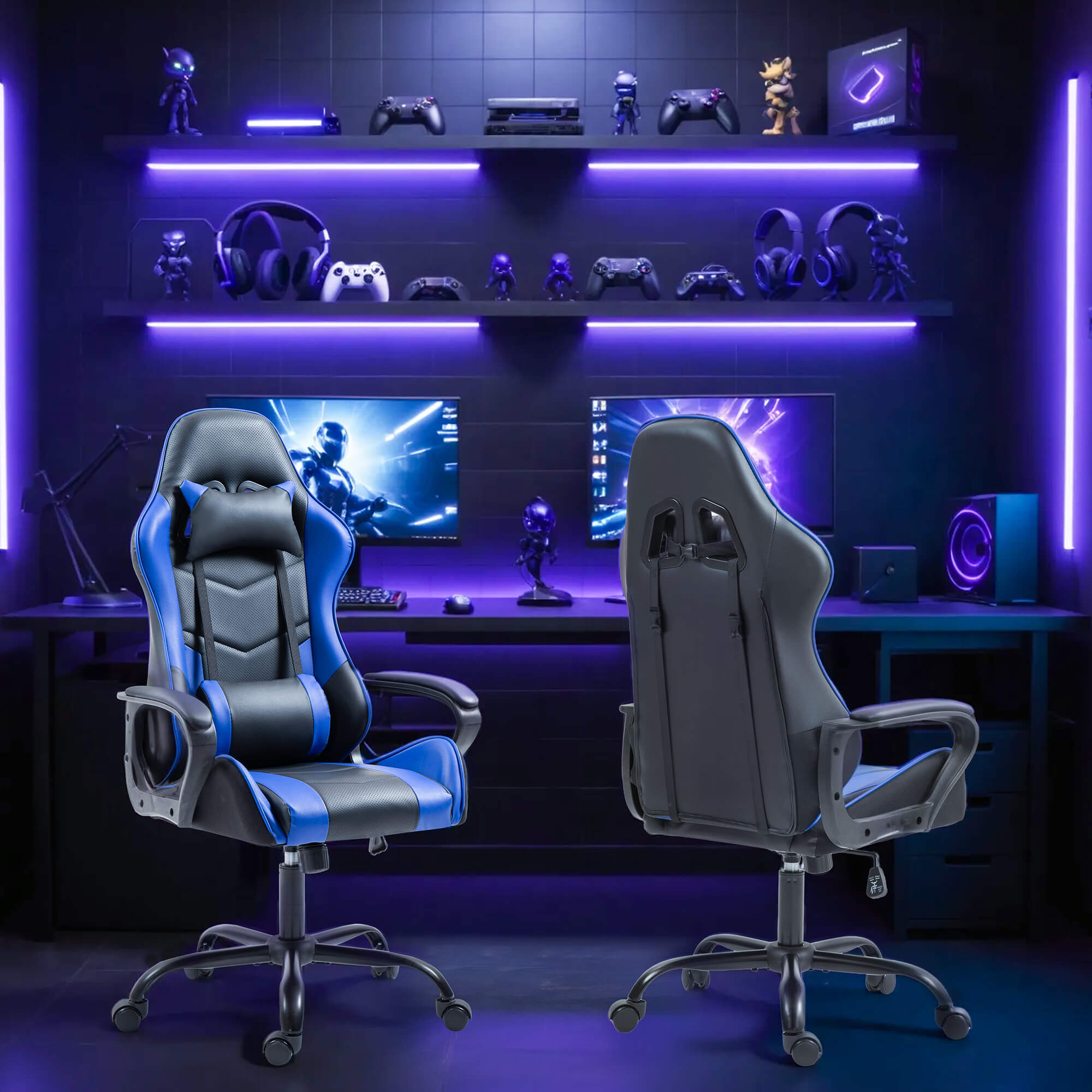 HOMREST Gaming Chair, Ergonomic Computer Gamer Chair with Massage Lumbar Support & Rocking High Back, Height Adjustable, Blue