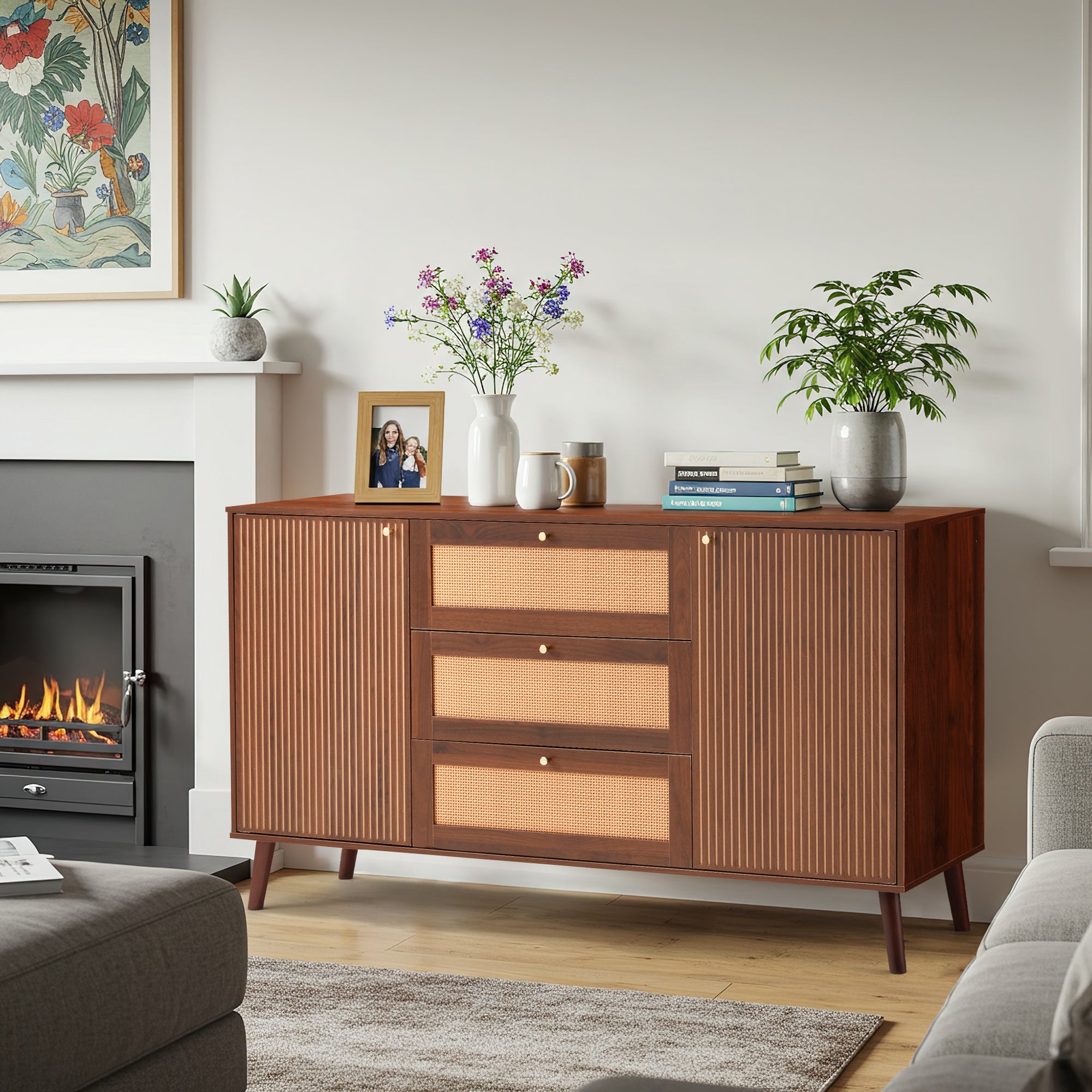 HOMREST  Solid Wood Sideboard Buffet Cabinet, Mid-Century Credenza for Living Room, Entryway, Walnut