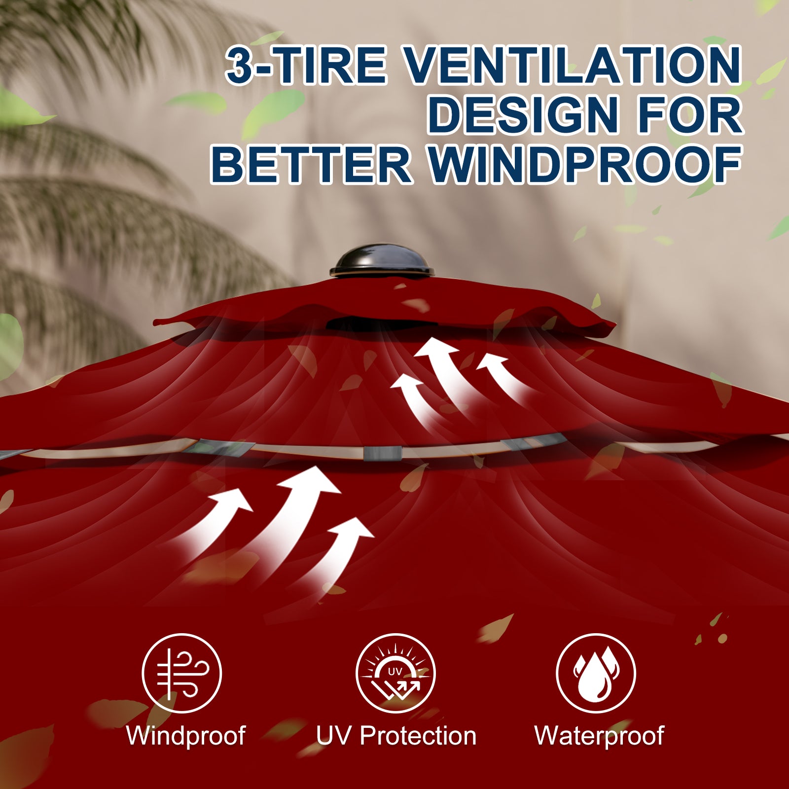 Homrest 9FT 3-Tier Aluminum Patio Umbrella, Fade-Resistant with Push Tilt, 8 Sturdy Aluminum Ribs,Burgundy
