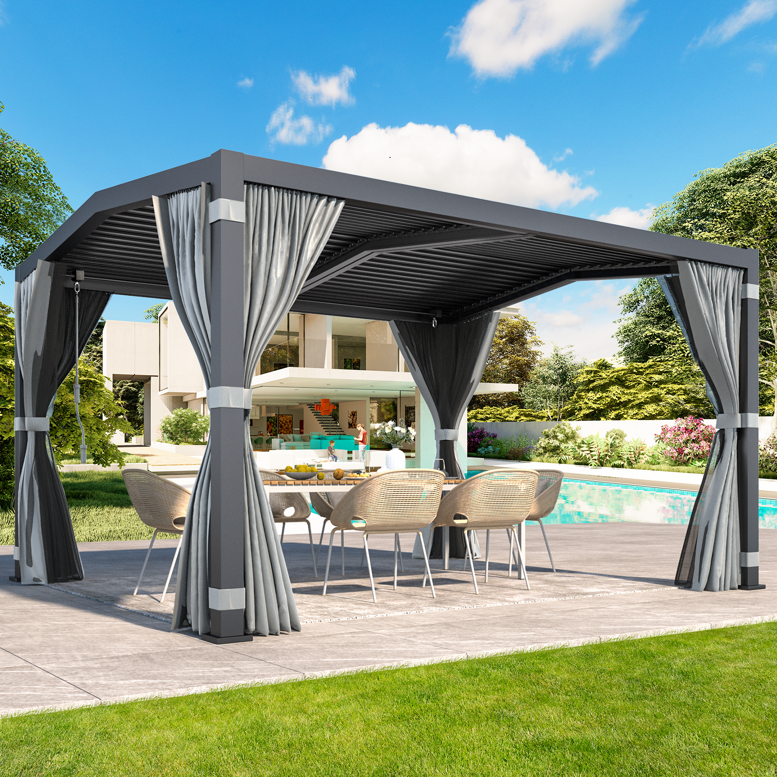 HOMREST Louvered Pergola 11x13 Outdoor Hard Top Pergola with Aluminum Frame and Adjustable Metal Rainproof Roof for Garden & Patio, Curtains and Netting Included, Gray-Black