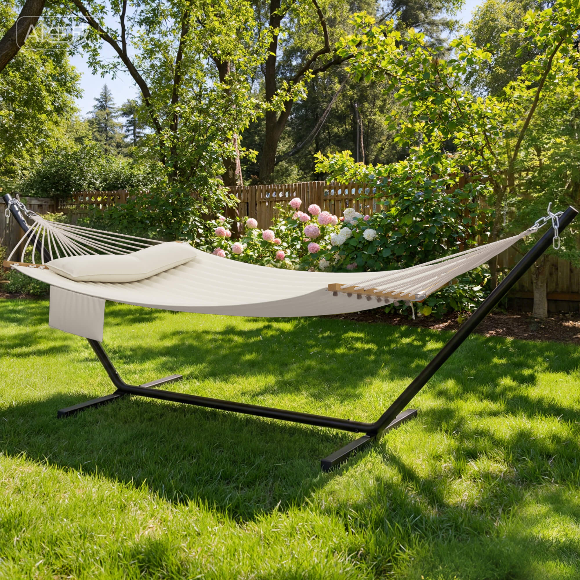 HOMREST Modern Rope Hammock with Stand, Portable Outdoor Hammock for Backyard, Beach & Camping, Off-White