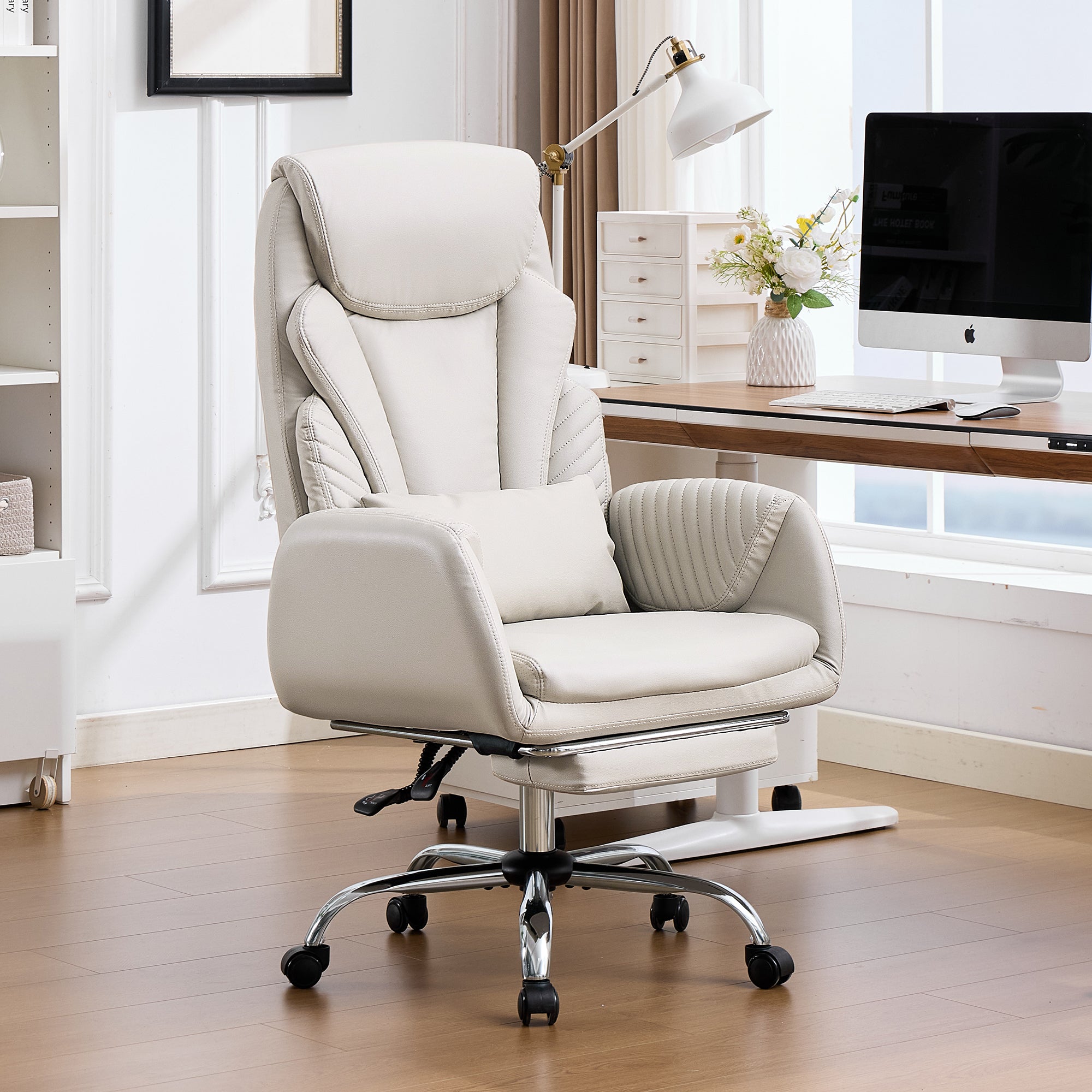 HOMREST Modern Cross Legged Office Chair with Footrest,Leather Ergonomic Executive Chair with Lumbar Pillow, Beige