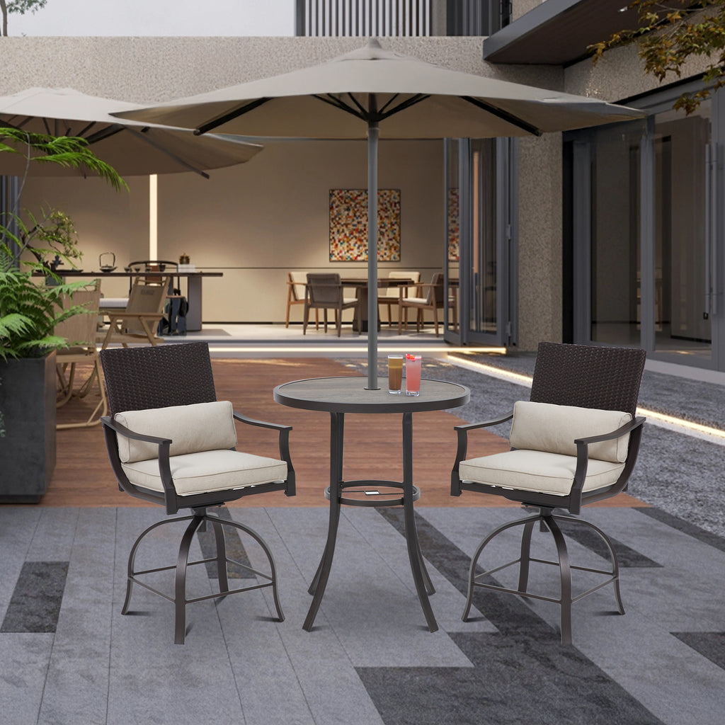 HOMREST 3 Piece Outdoor Patio Set, High Top Patio Bar Set with Round Table  (1.96'' Umbrella Hole)  and 2 Swivel Dining Chairs with Lumbar Pillow, Outdoor Set for Backyard, Poolside,  Patio