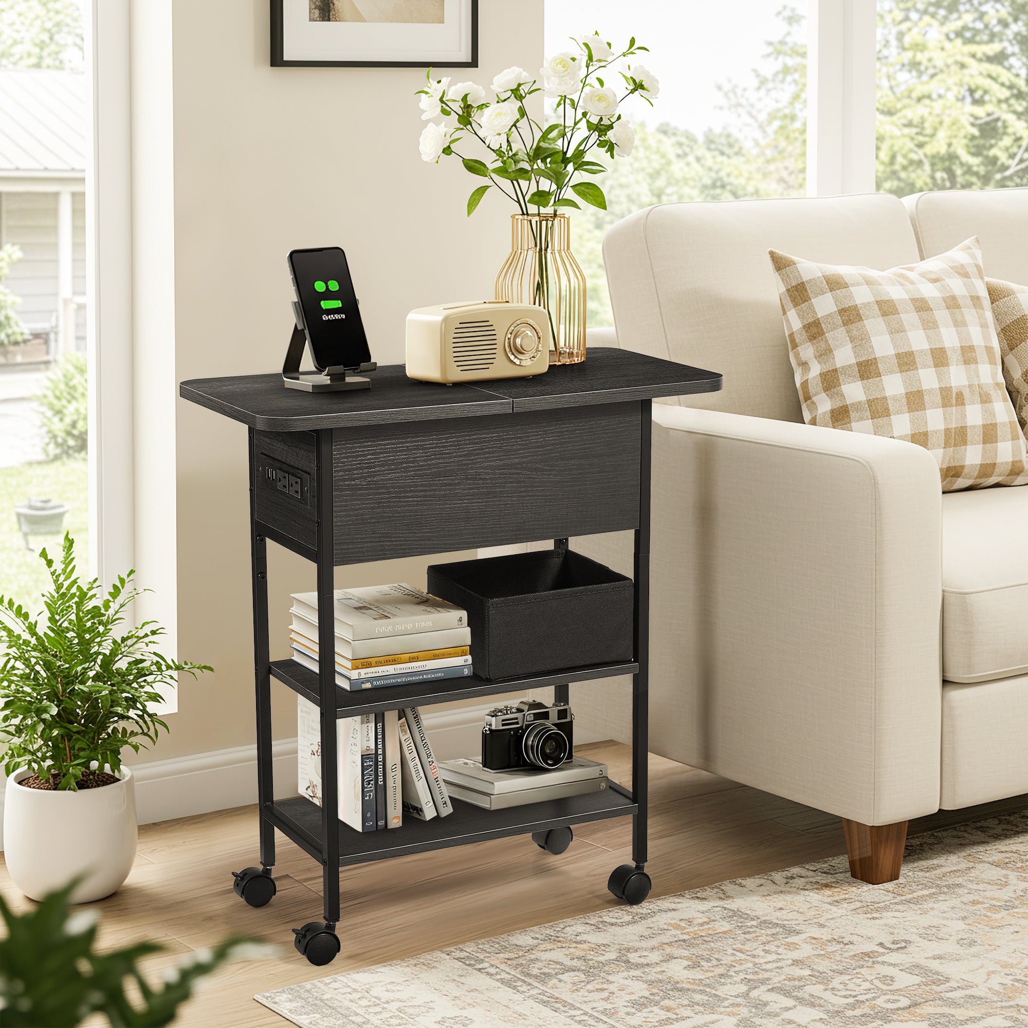 HOMREST Multi-Functional Flip Side Table, 360° Swivel Wheels & Storage Shelf for Living Room/Bedroom, Rustic Brown Wood End Table, Black