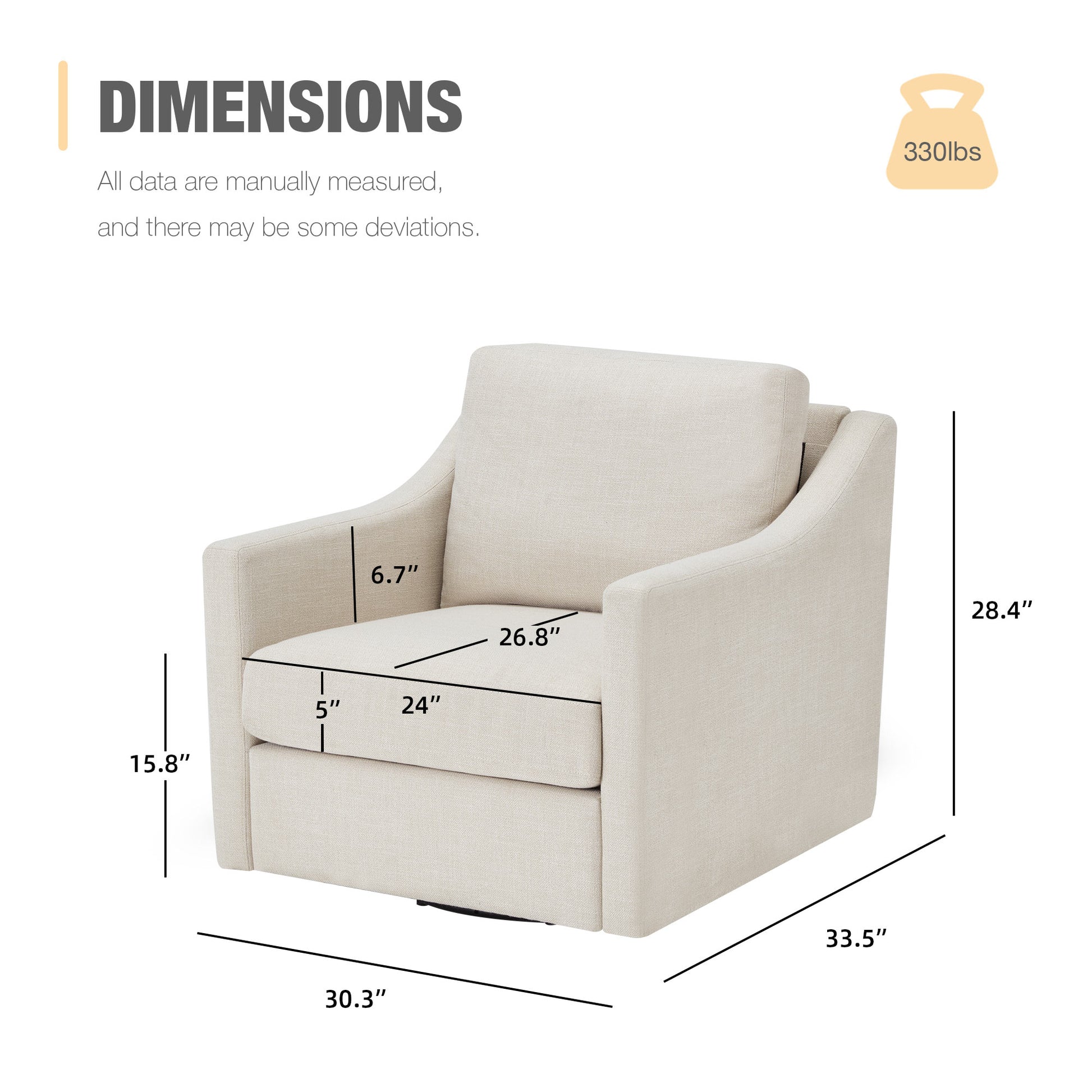 Product Dimensions of Swivel Accent Chair,Linen Fabric Armchair w/Removable Cover for Living Room, Beige | Homrest Furniture