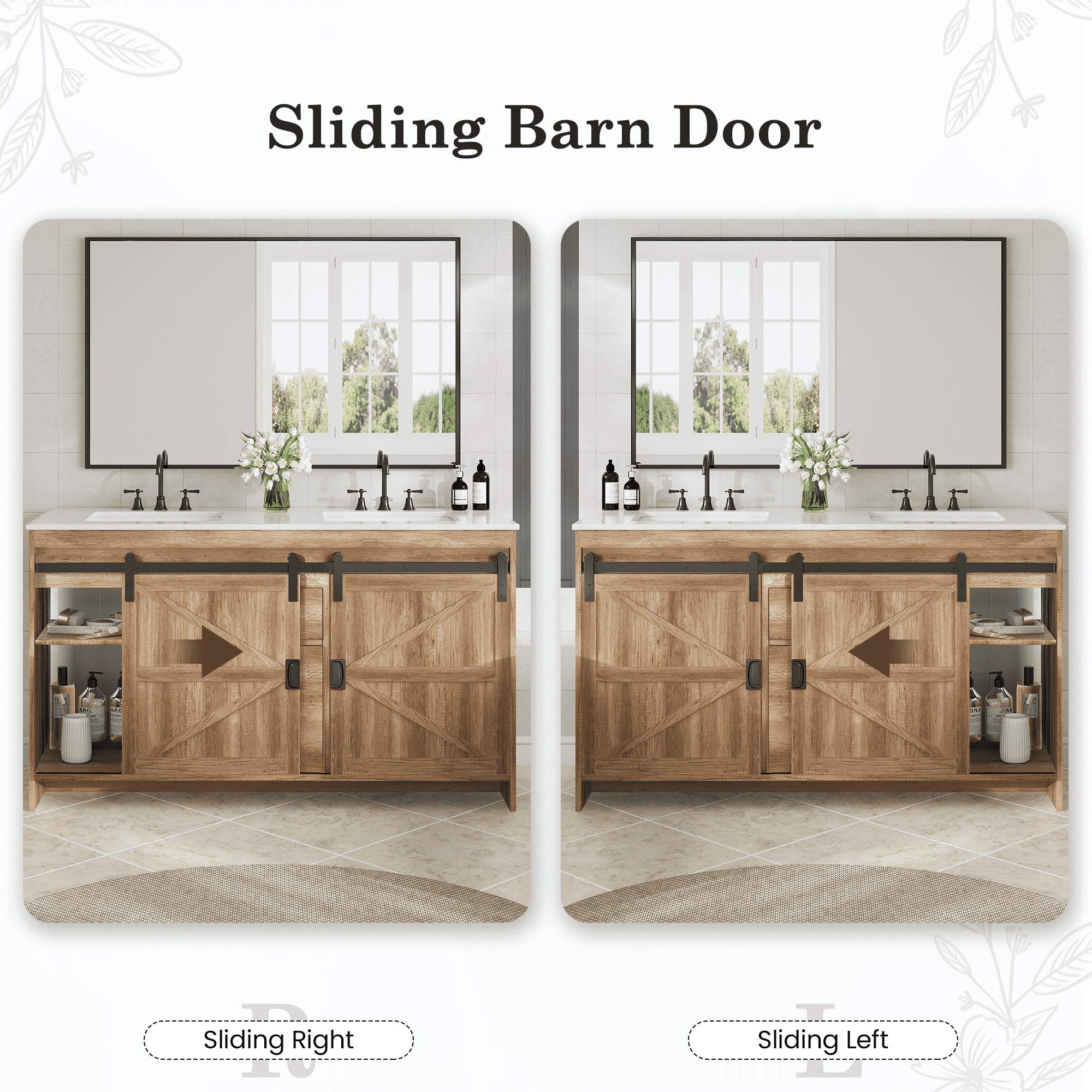 HOMREST 60" Farmhouse Double Bathroom Vanity with engineered stone top, Sliding Barn Door Sink Vanity, Brown