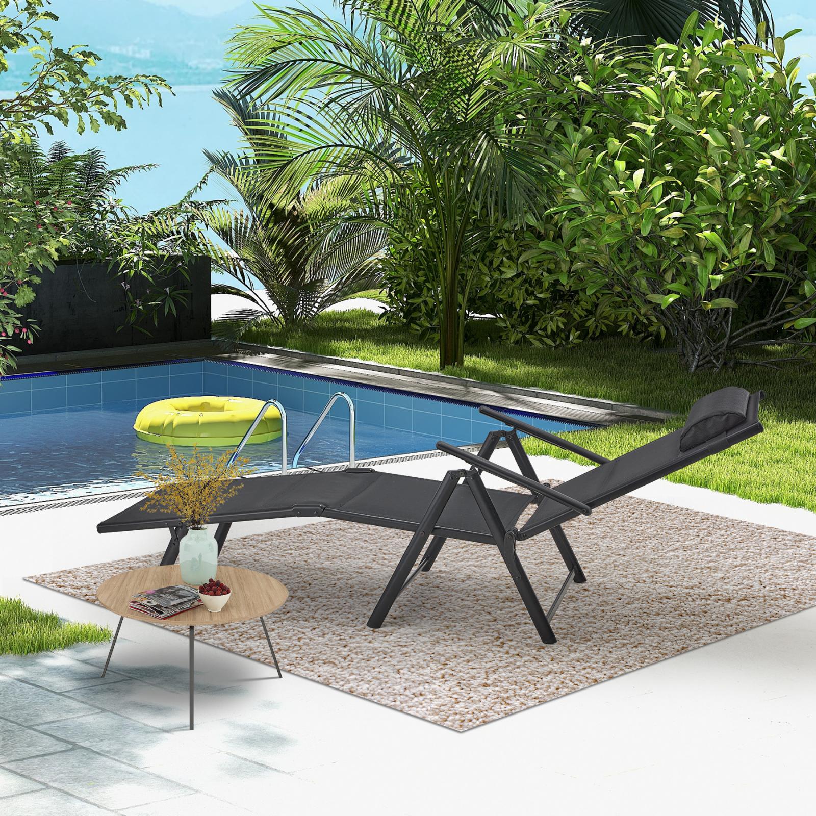 Outdoor Folding Lounge Chair with 7-Position Adjustable Backrest for Poolside, Black