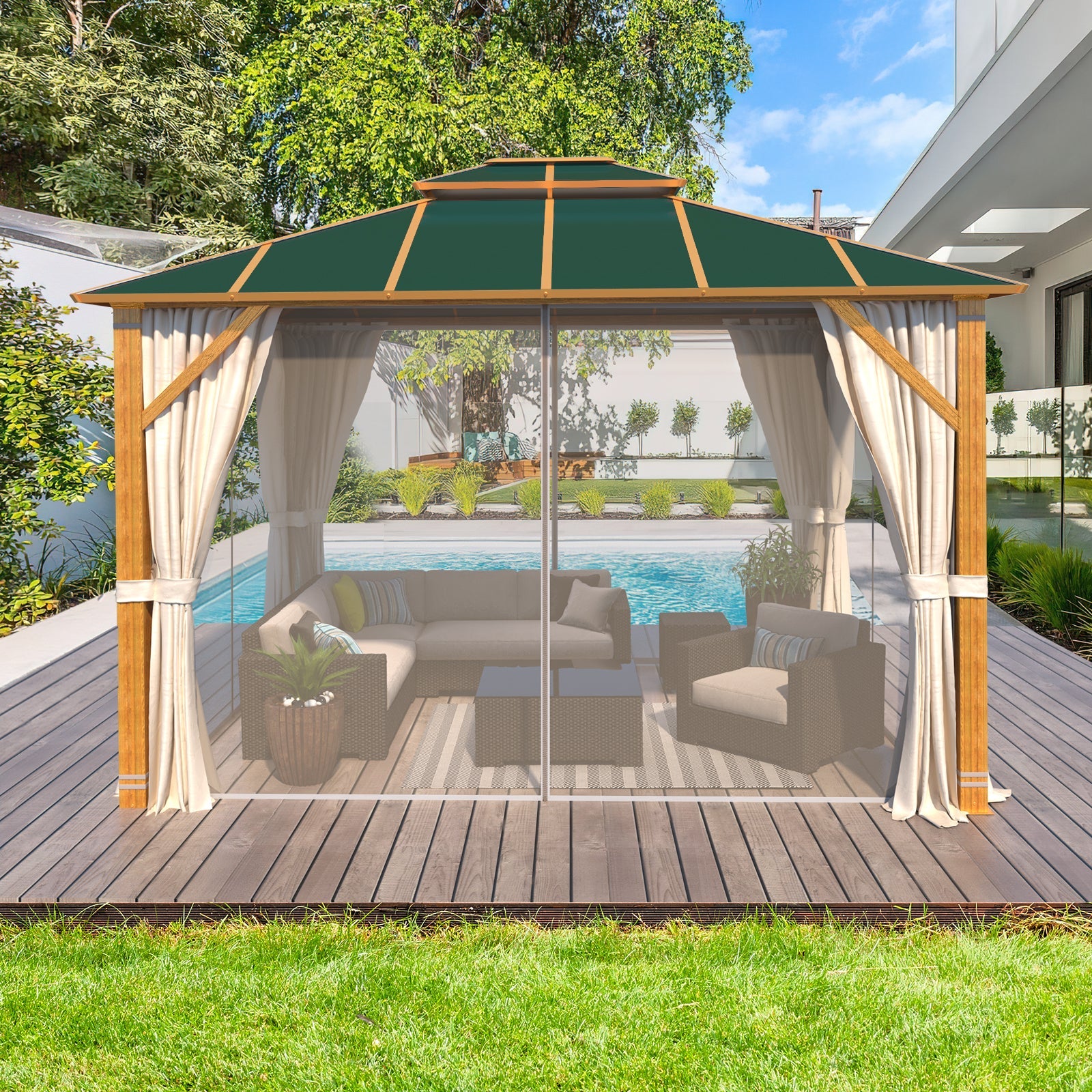 Homrest 10'x12' Gazebo, Outdoor Wood Grain Hardtop Gazebos, Aluminum Composite Double Roof with Privacy Curtain and Mosquito Net Green