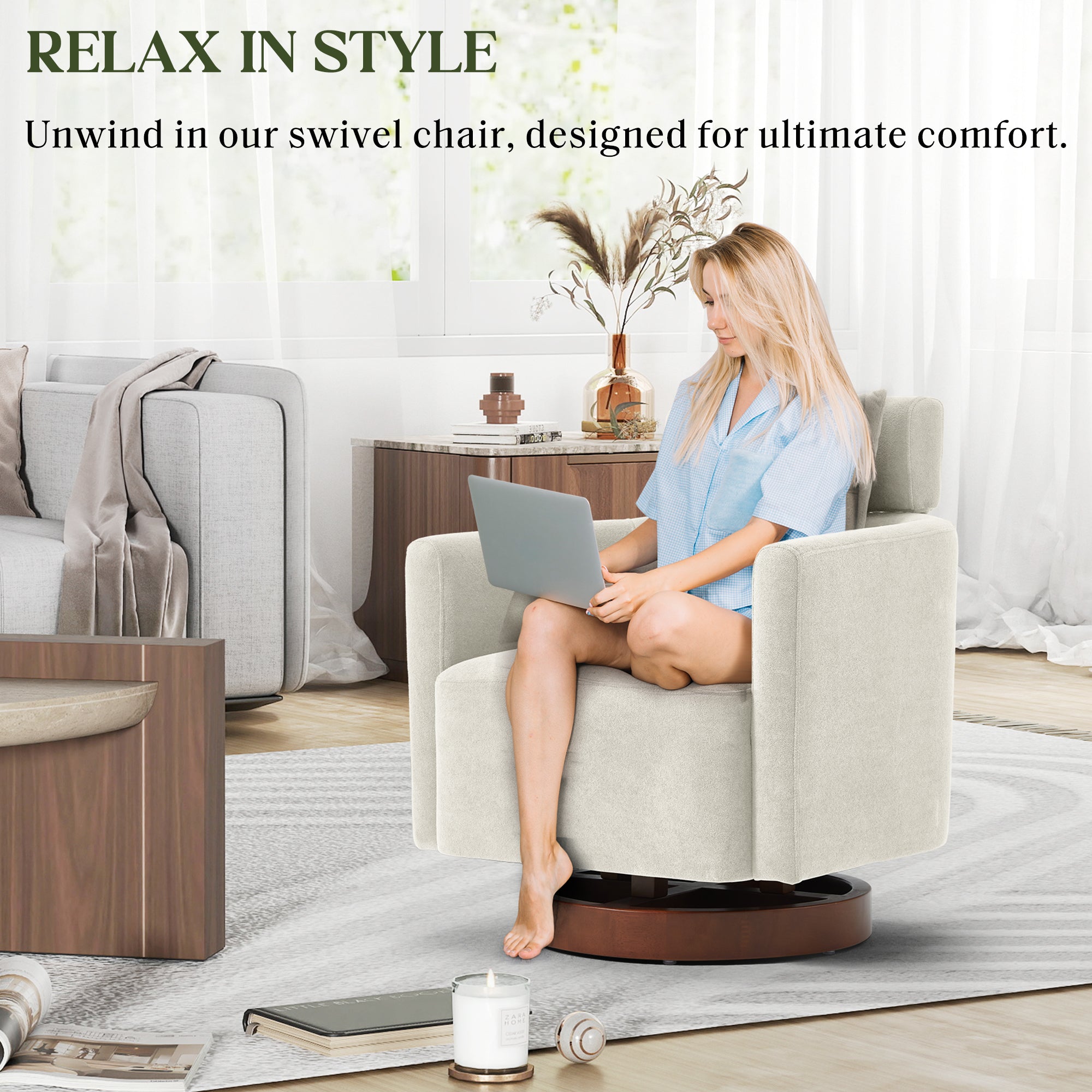 HOMREST Swivel Accent Chair, Ergonomic Adjustable Backrest Barrel Chair with 360° Rotation, Thick Velvet Cushion and Solid Wood Frame, Beige for Living Room, Bedroom, Office
