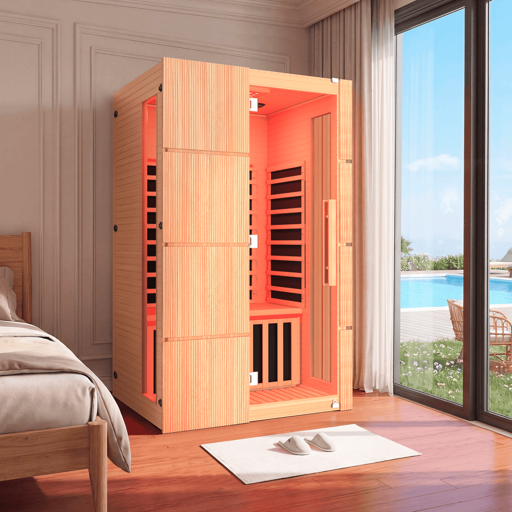 HOMREST 2-Person Indoor Infrared Sauna for Home, Far Infrared Sauna with Red Light Therapy, Chromotherapy Lighting, 6 Carbon Heaters & Bluetooth Speaker, Natural Wood