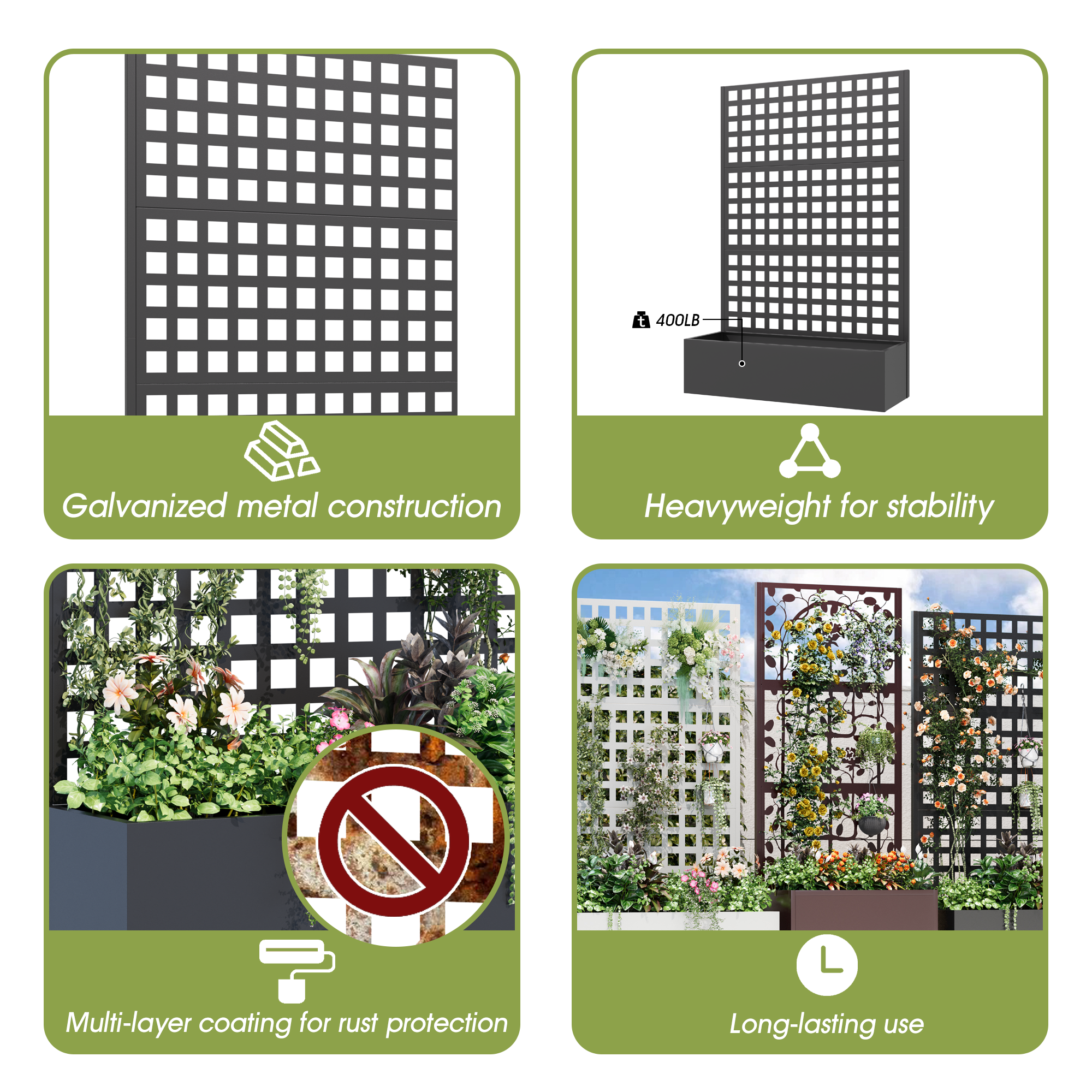 HOMREST Metal Planter Box with Trellis, 71"x 47"x 16" Raised Garden Bed, Planter Box Trellis with Privacy Screen and Drainage Holes, Black
