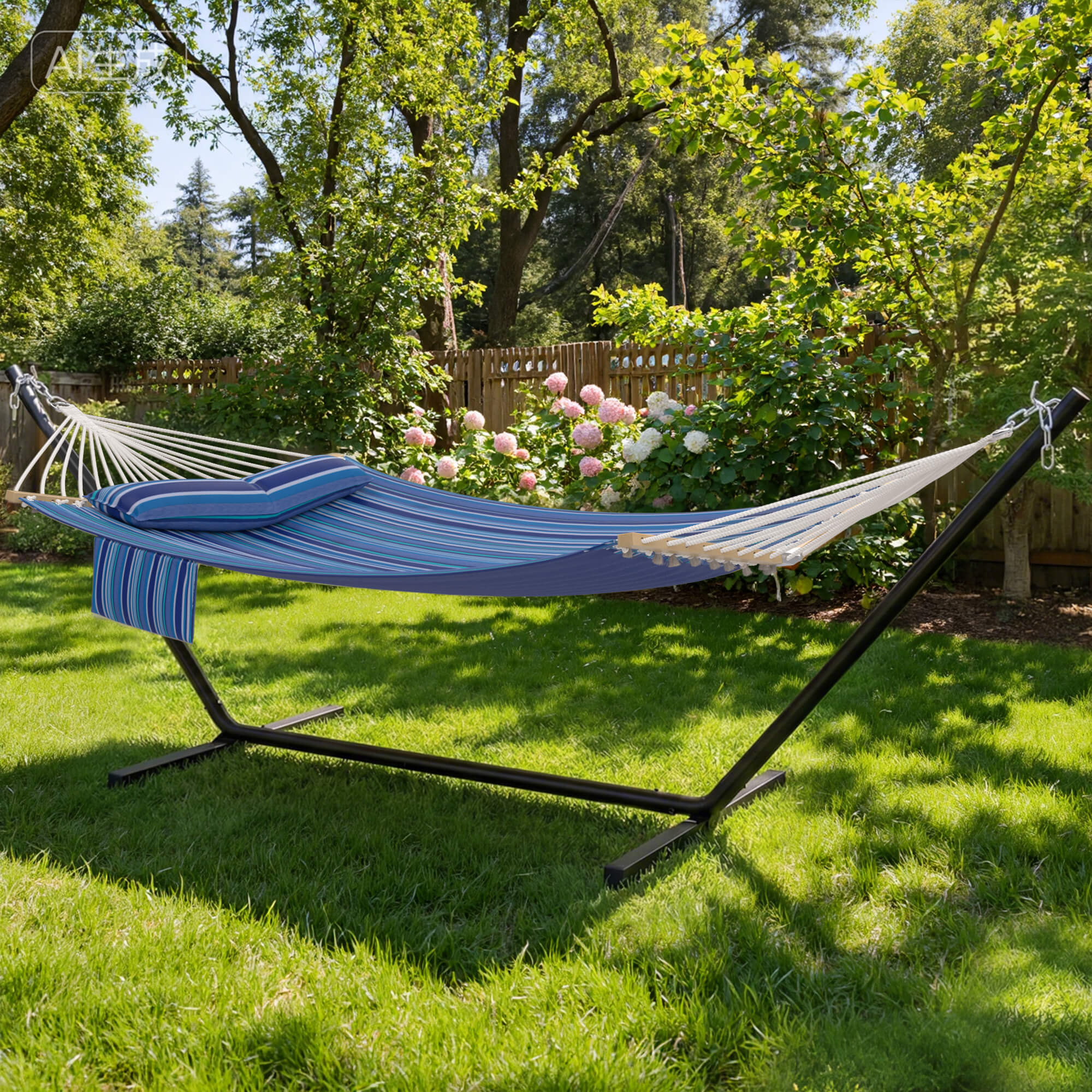 HOMREST Modern Rope Hammock with Stand, Portable Outdoor Hammock for Backyard, Beach & Camping, Blue Stripes