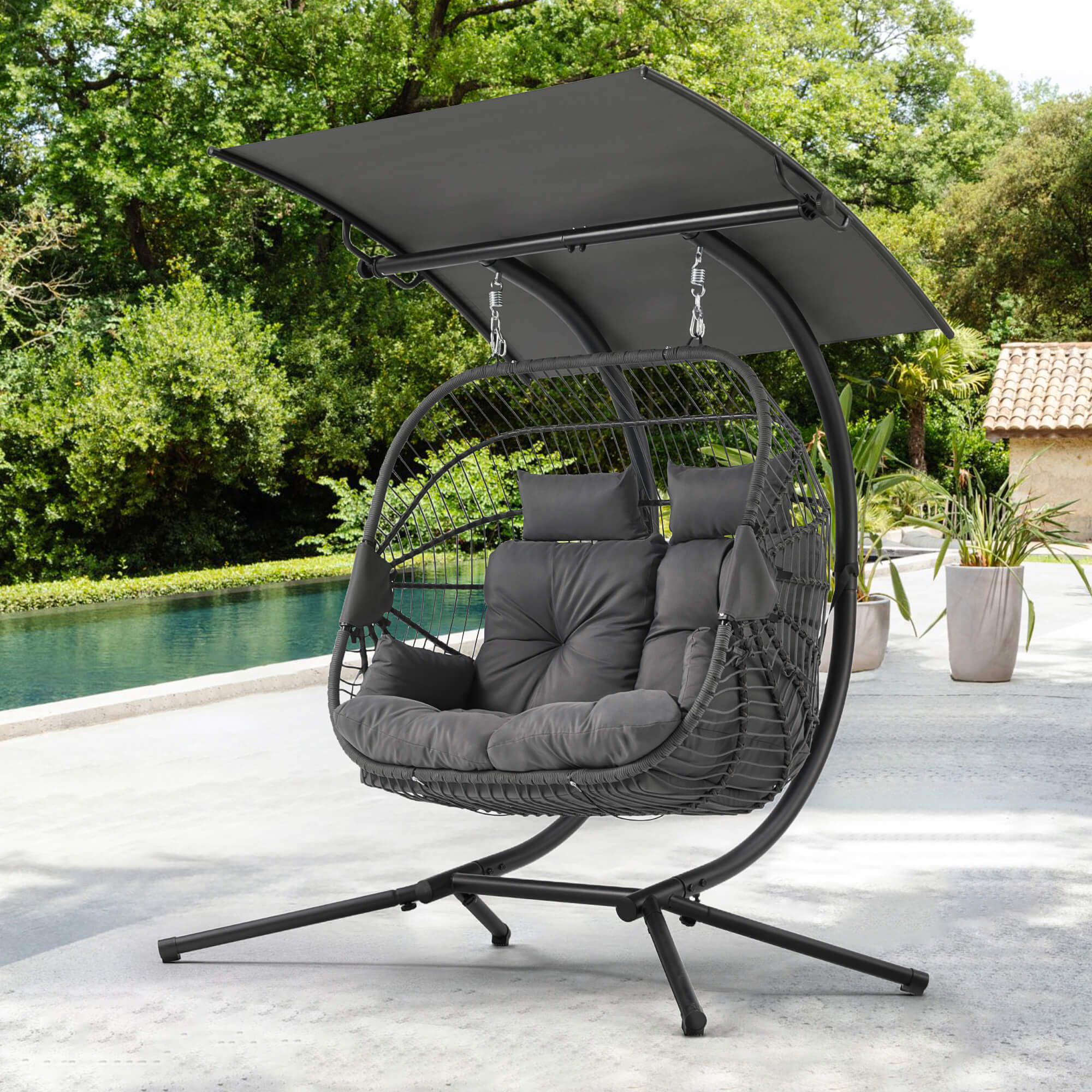 HOMREST Double Hanging Egg Chair with Stand, Wicker Loveseat Swing with Extra Cushion, Gray