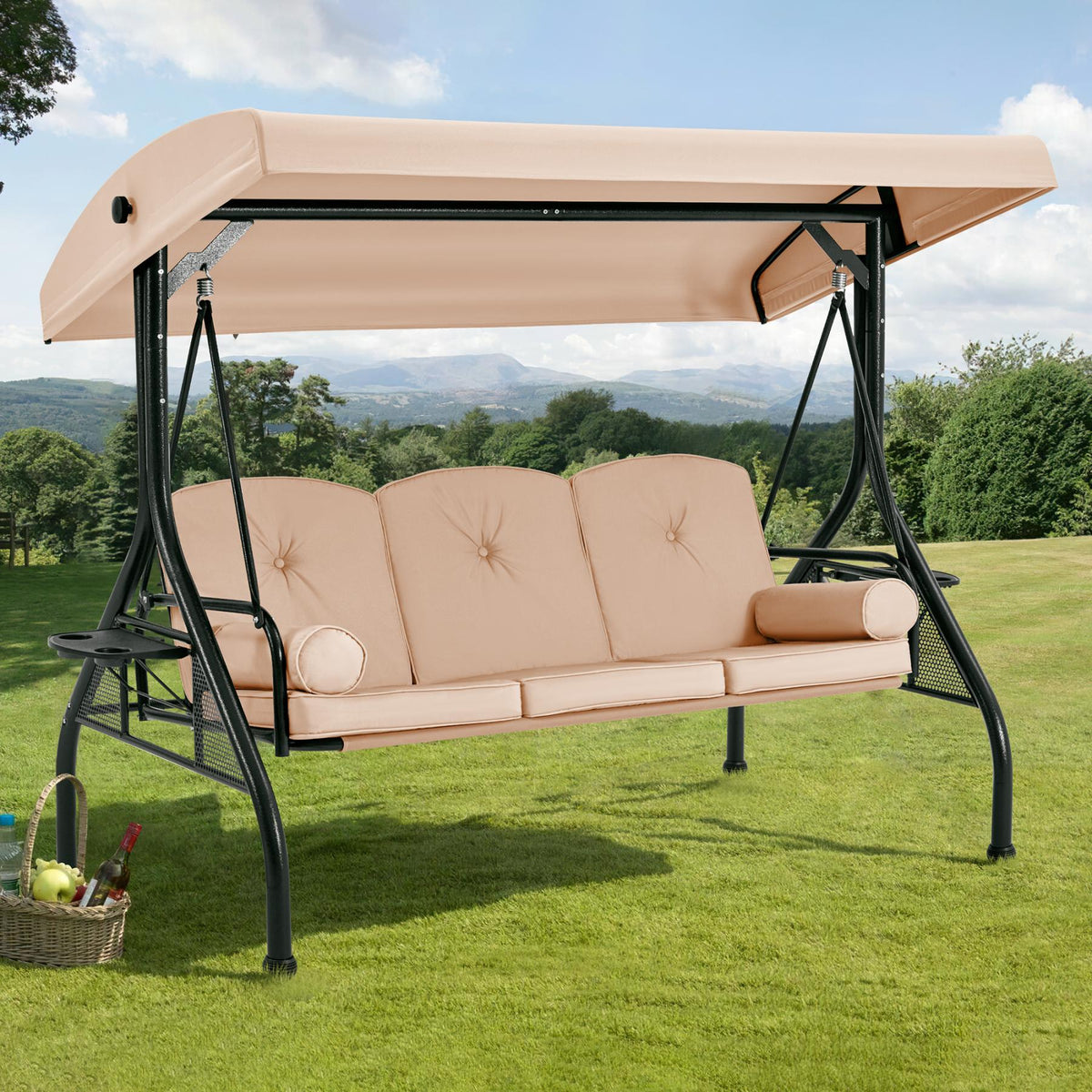 Homrest 3-Seat Outdoor Swing for a Porch with Adjustable Canopy, Backrest and 2 Side Trays, Khaki