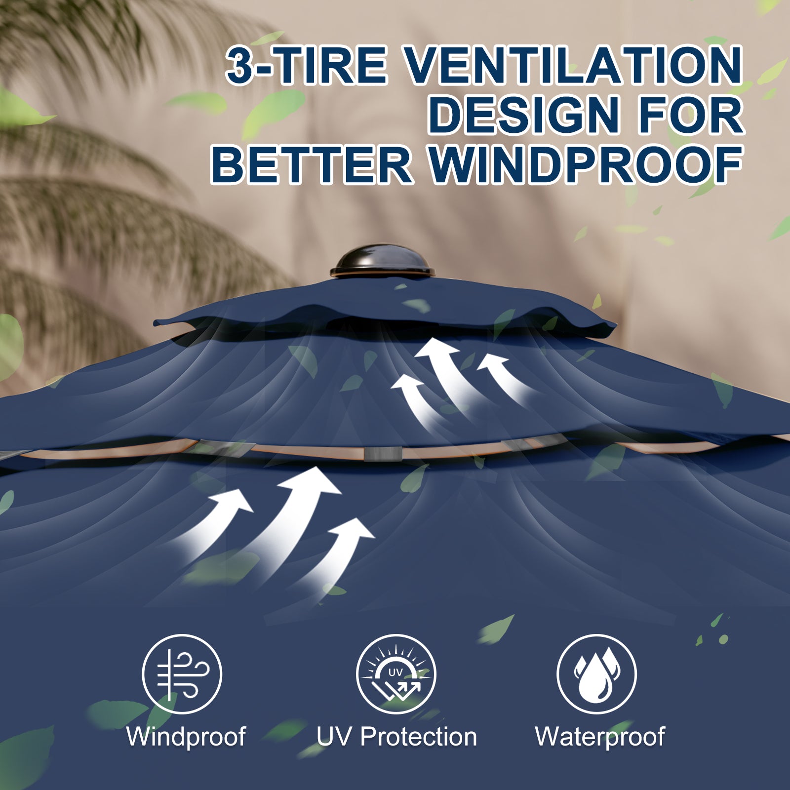 Homrest 9FT 3-Tier Aluminum Patio Umbrella, Fade-Resistant with Push Tilt, 8 Sturdy Aluminum Ribs,Navy Blue
