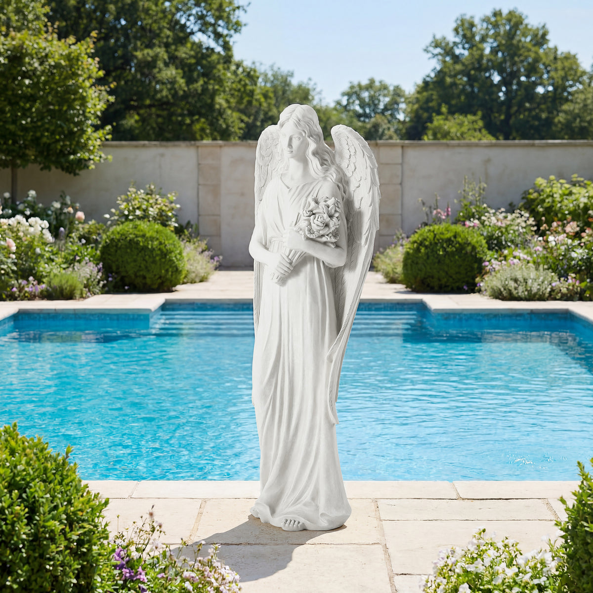 HOMREST 45'' Large Outdoor Statues, Garden Angel Holding Flowers, Sculpture Decor for Patio, Yard and Home, White