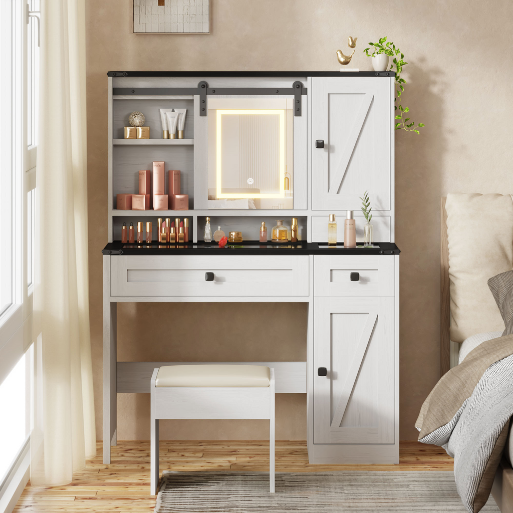 HOMREST Farmhouse Vanity Desk with Mirror, Lights and Jewelry Storage, HOMREST Farmhouse Vanity Desk with Mirror, Lights and Jewelry Storage,