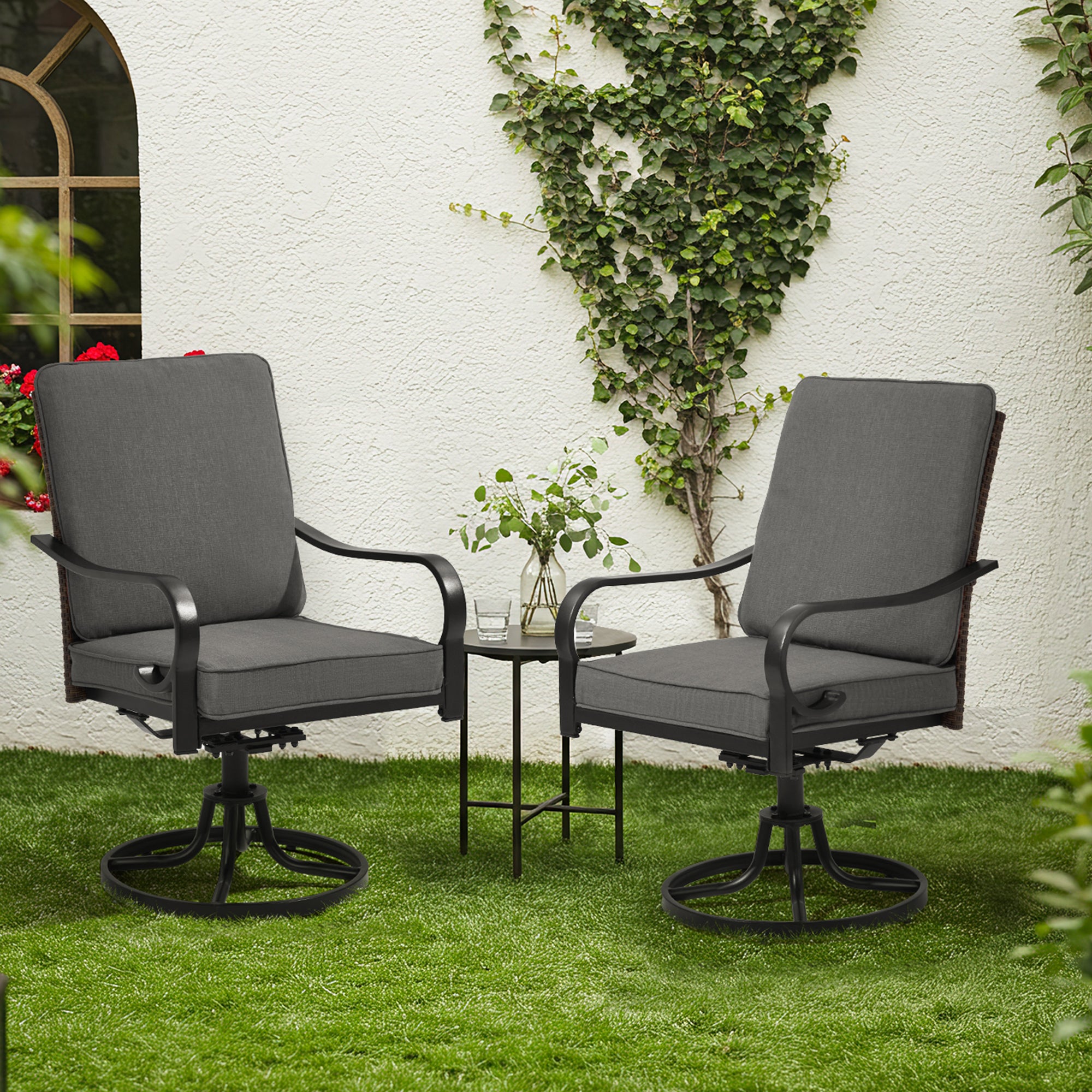 HOMREST Patio Swivel Chairs Set of 2 with Full Rattan Backrest, Gray