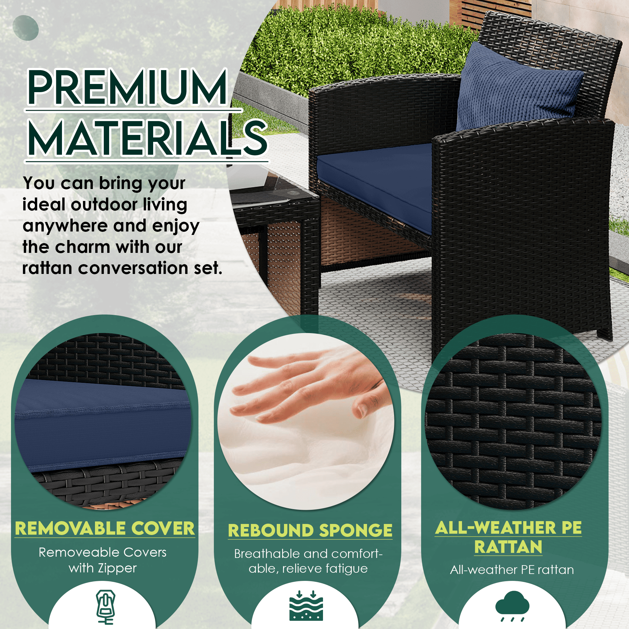 HOMREST 4-Piece Patio Furniture Set, Outdoor Wicker Patio Conversation Set with Cushions, Sofa & Glass Coffee Table, Navy Blue