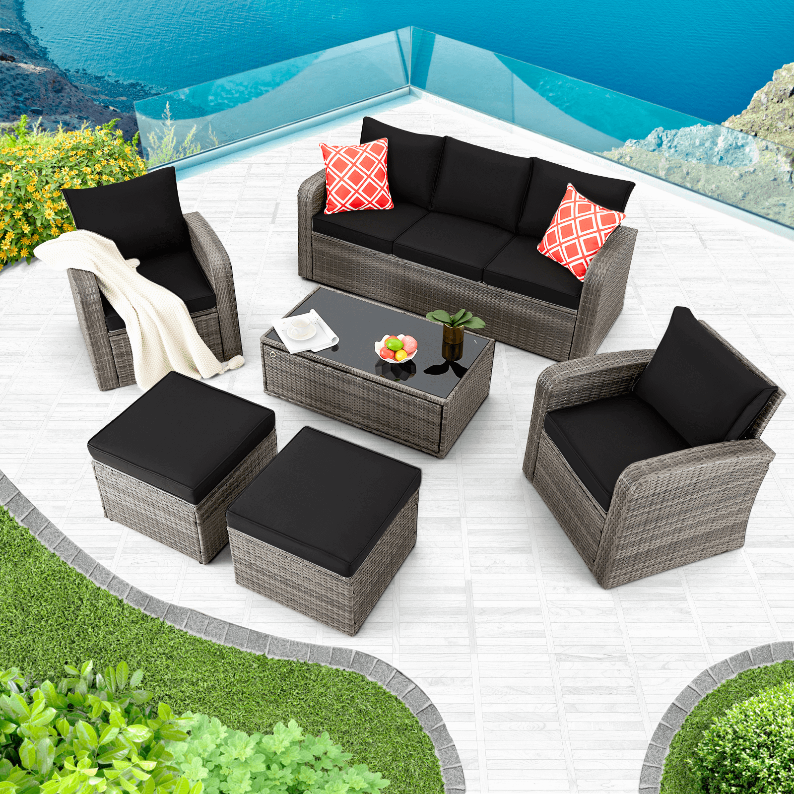 Homrest 6 Pcs Patio Furniture Sets with Coffee Table, Ottomans, Cushions & Pillows, Black
