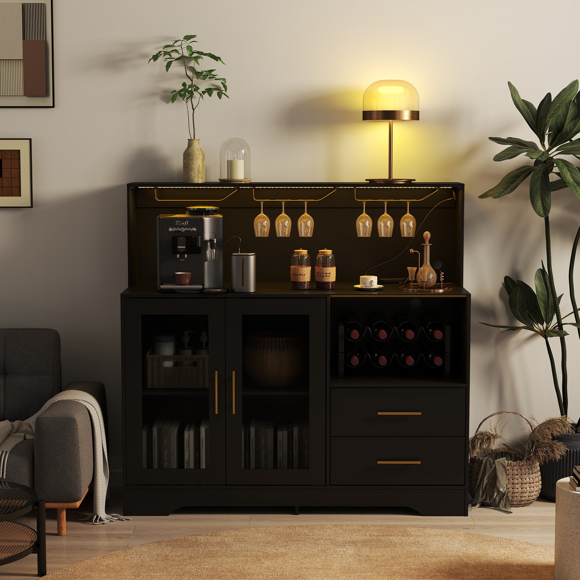HOMREST Modern Wine Bar Cabinet With Led Lights, Coffee Bar With Wine Racks And Glass Holder, Charging Station,  Black