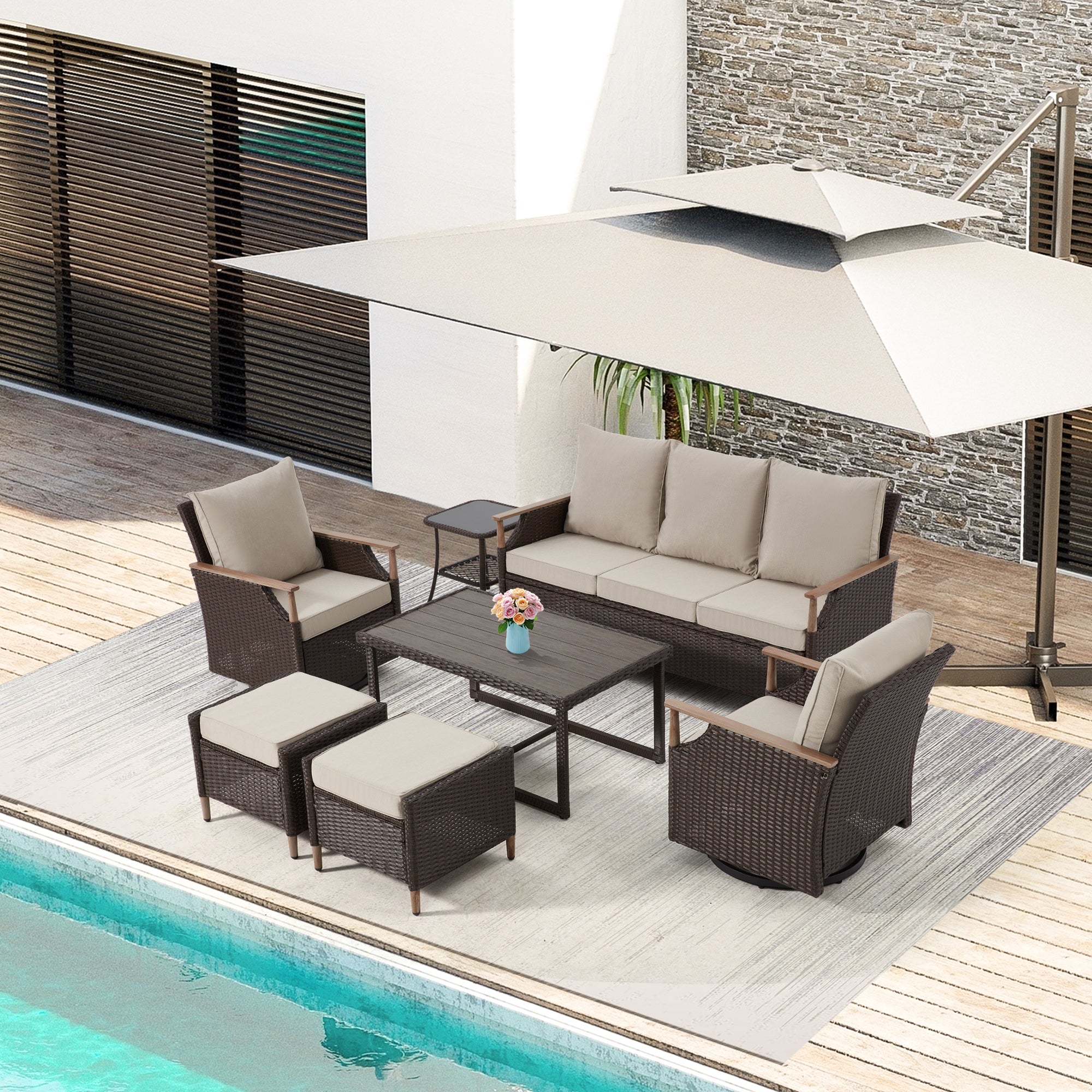 HOMREST 7-Piece Outdoor Wicker Patio Set with Swivel Chairs, Ottoman & Coffee Table, Beige