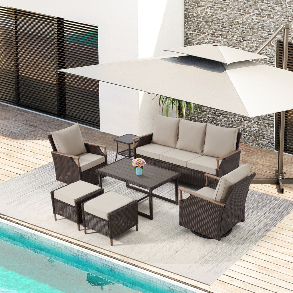 HOMREST 7-Piece Outdoor Wicker Patio Set with Swivel Chairs, Ottoman & Coffee Table, Beige