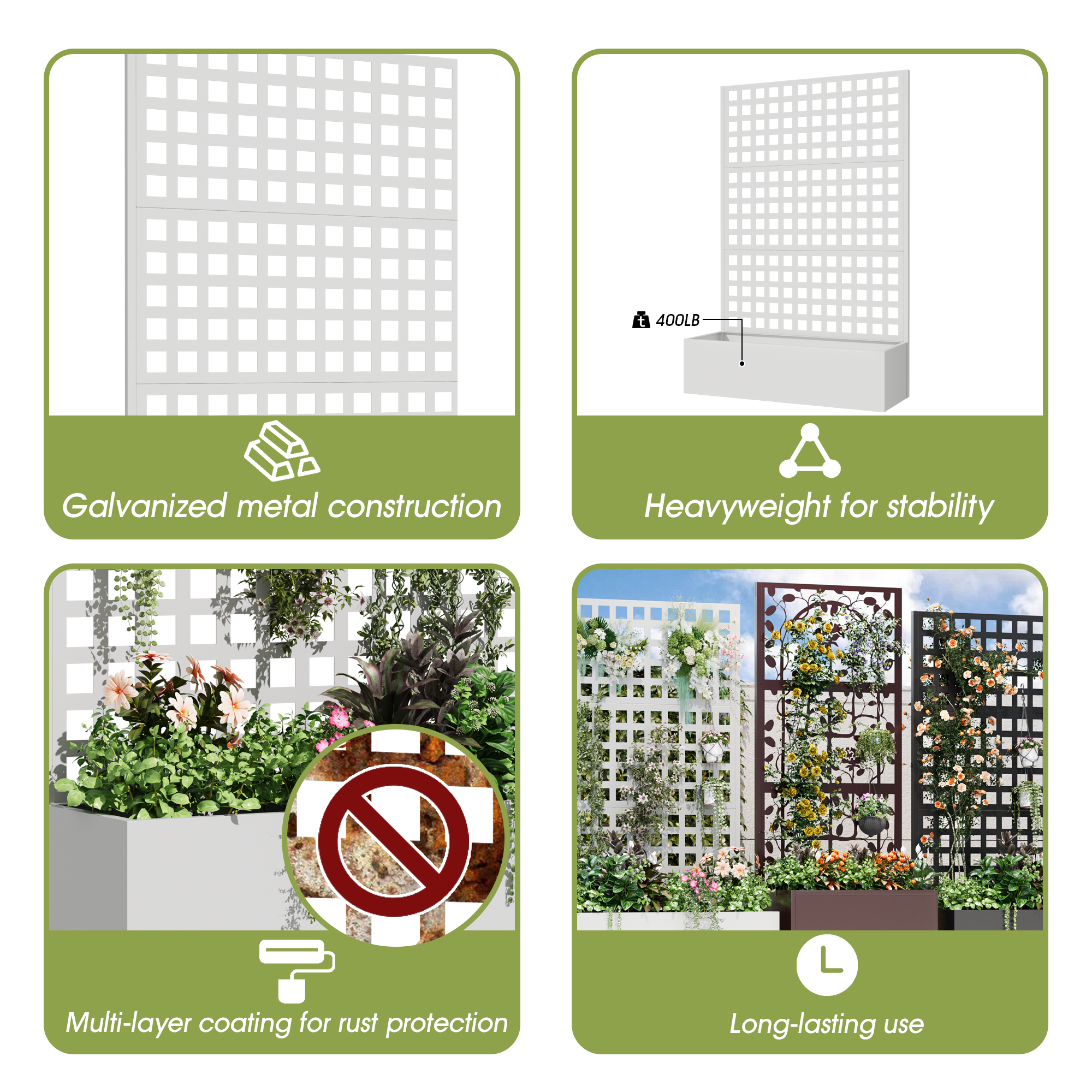 HOMREST Metal Planter Box with Trellis, 71"x 47"x 16" Raised Garden Bed with Trellis, Planter Box Trellis with Privacy Screen and Drainage Holes, White