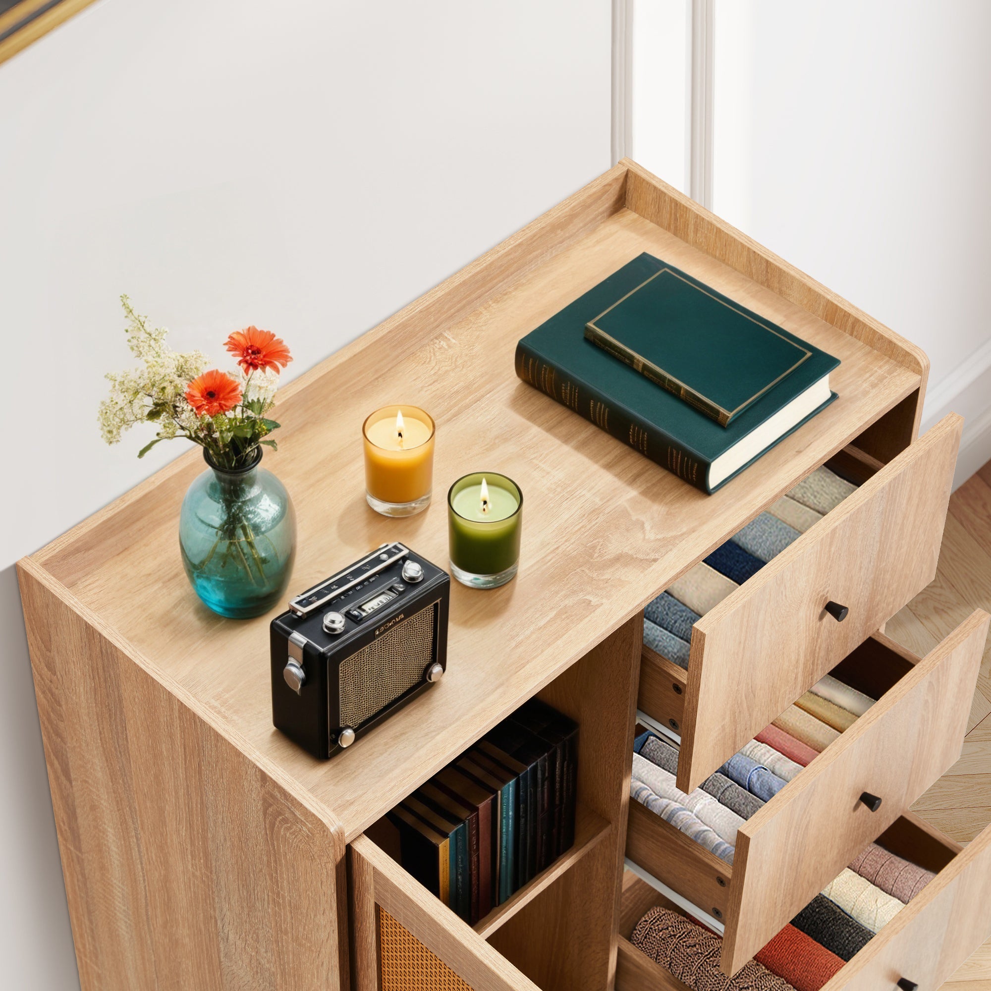 HOMREST Modern Cabinet with Rattan Door and 3 Drawers