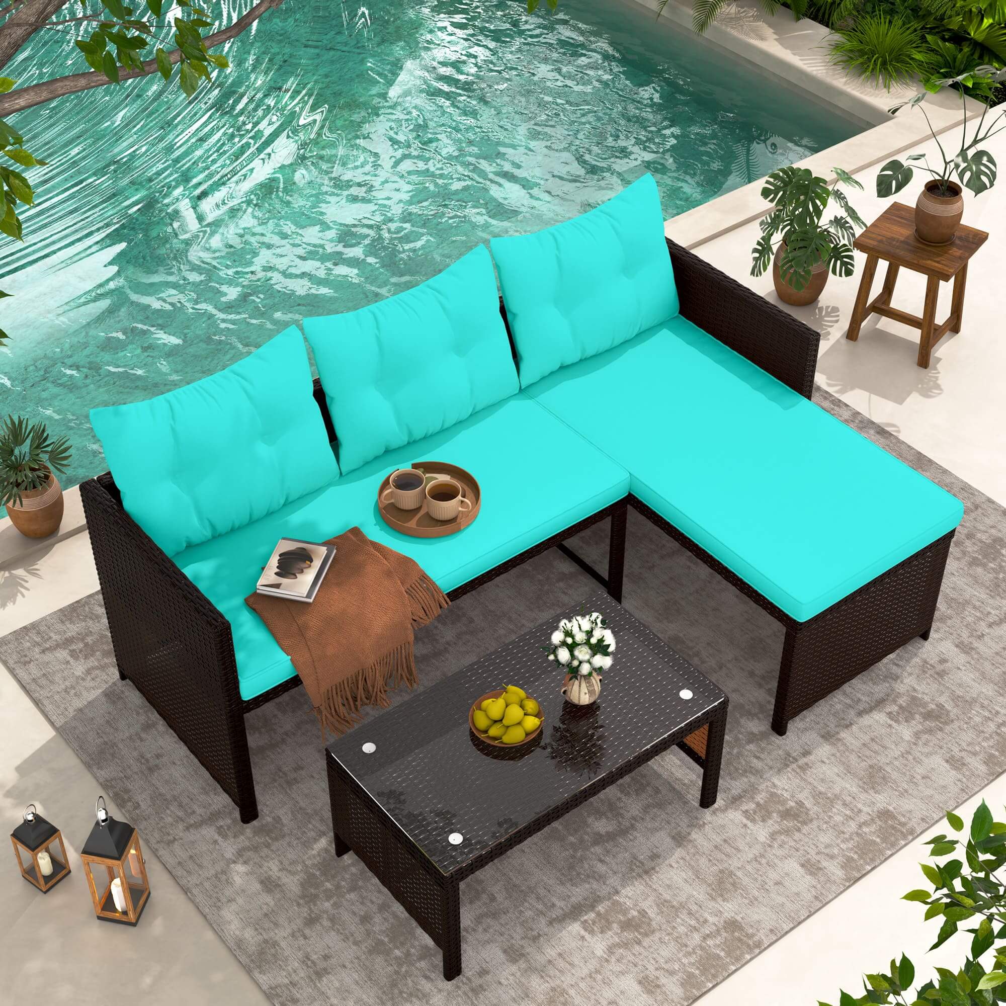 HOMREST 3 Piece Outdoor Patio Furniture Set, All-Weather PE Rattan Sofa Set with Glass Table & Cushions, Blue