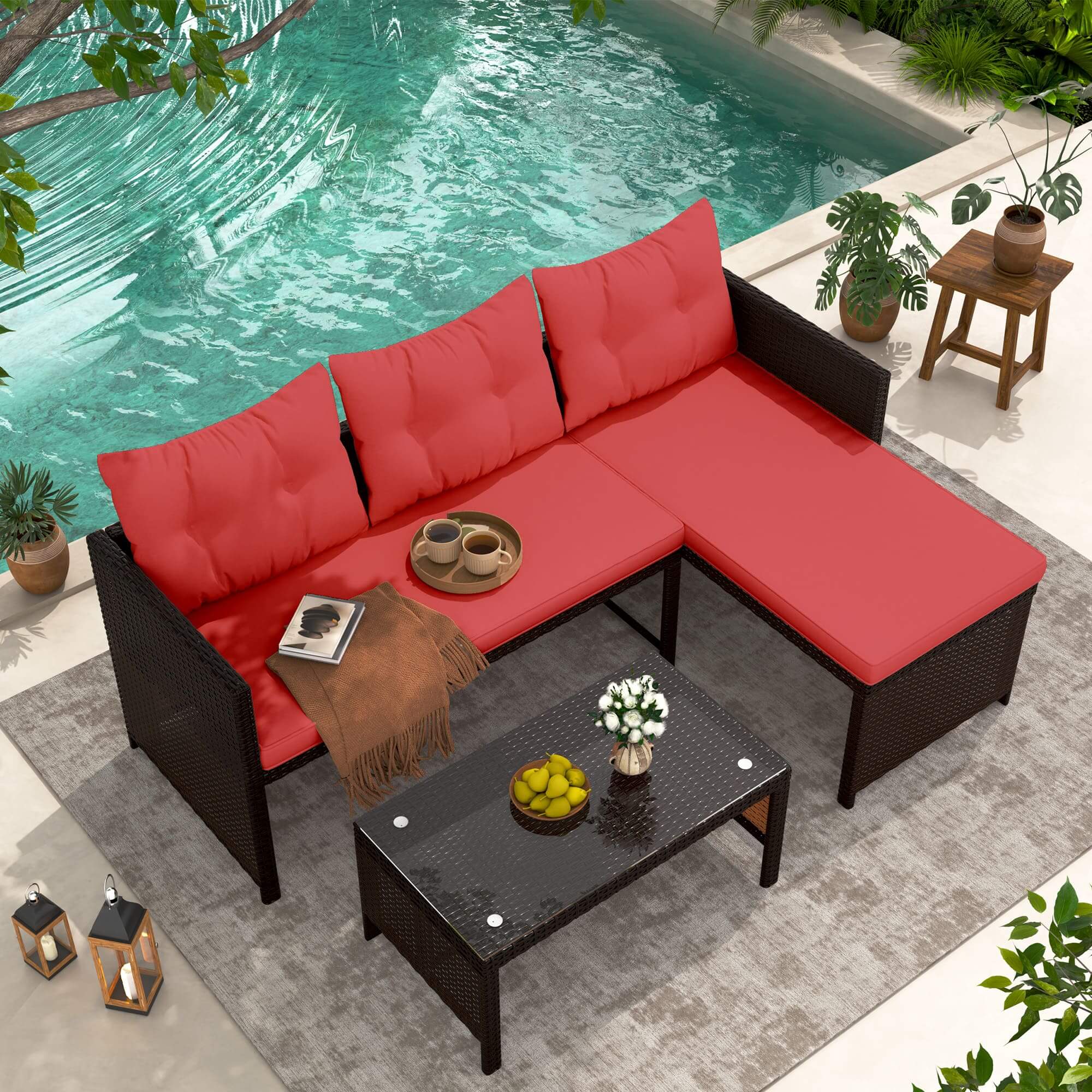 HOMREST 3 Piece Outdoor Patio Furniture Set, All-Weather PE Rattan Sofa Set with Glass Table & Cushions, Red